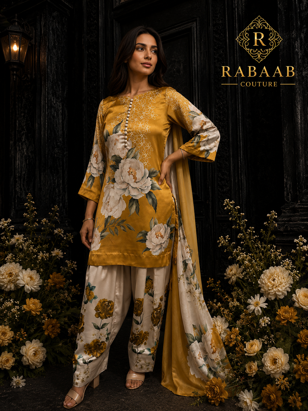 Mustard Bloom 3-Piece Farshi Shalwar Suit