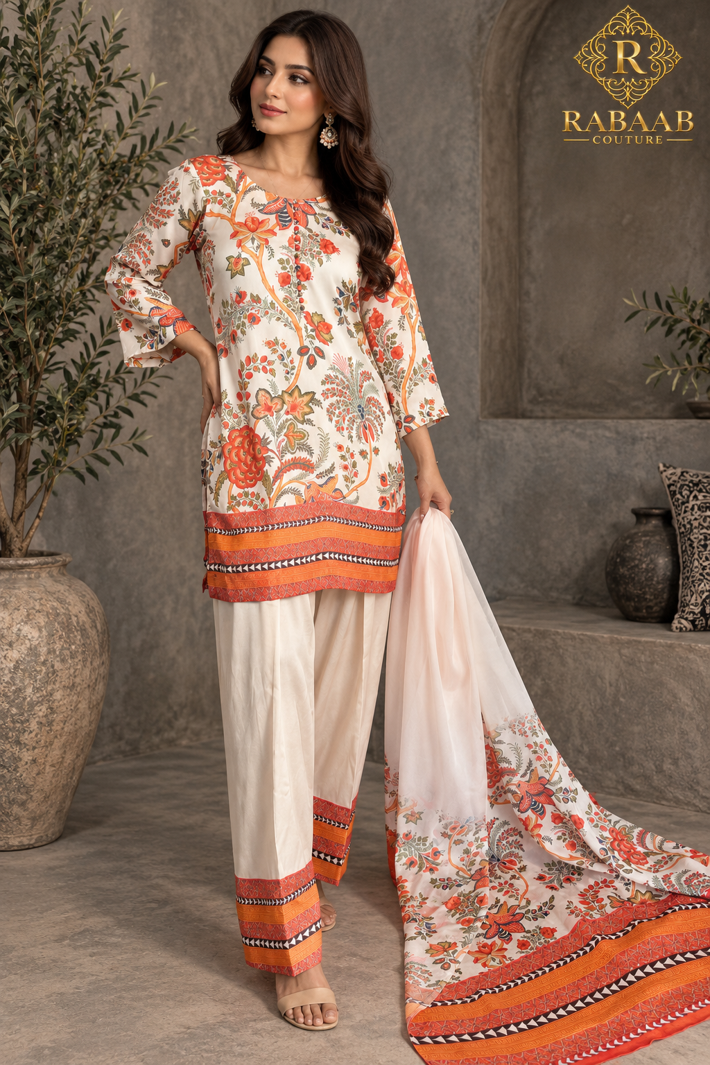 Satin Silk Farshi Suit - Ivory and Peach
