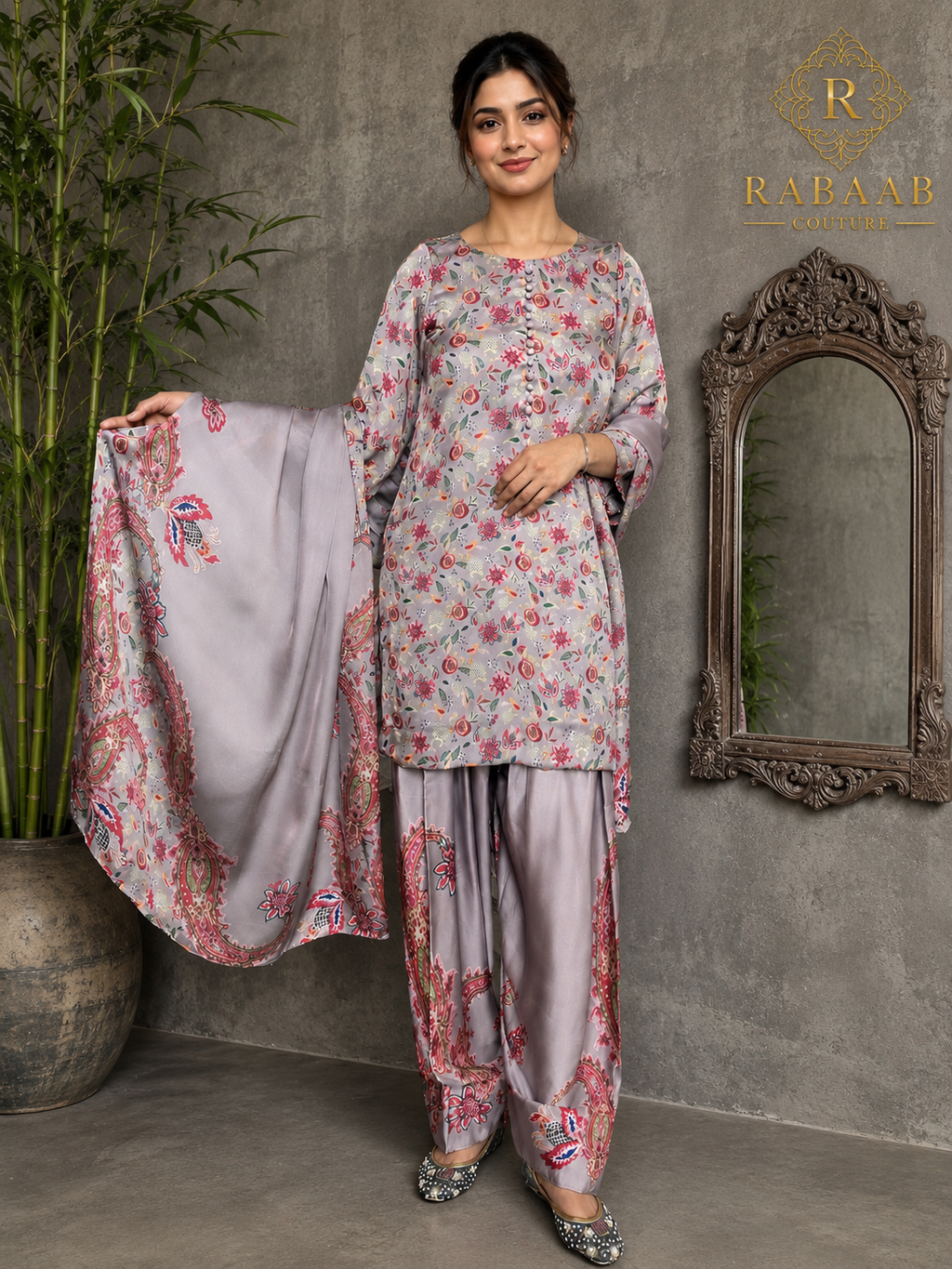 PASTEL IVORY and Floral Satin Silk Farshi