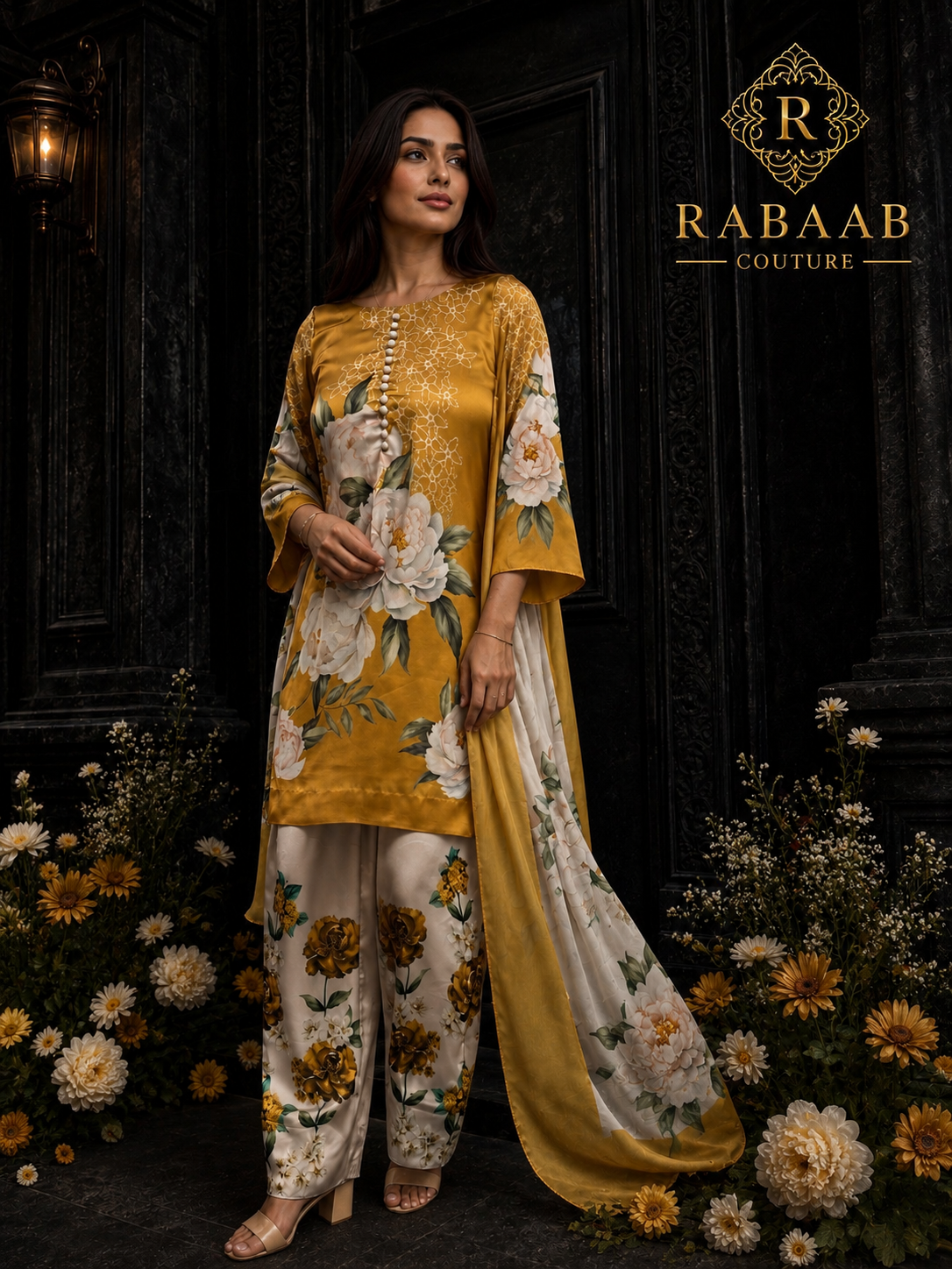 Mustard Bloom 3-Piece Farshi Shalwar Suit