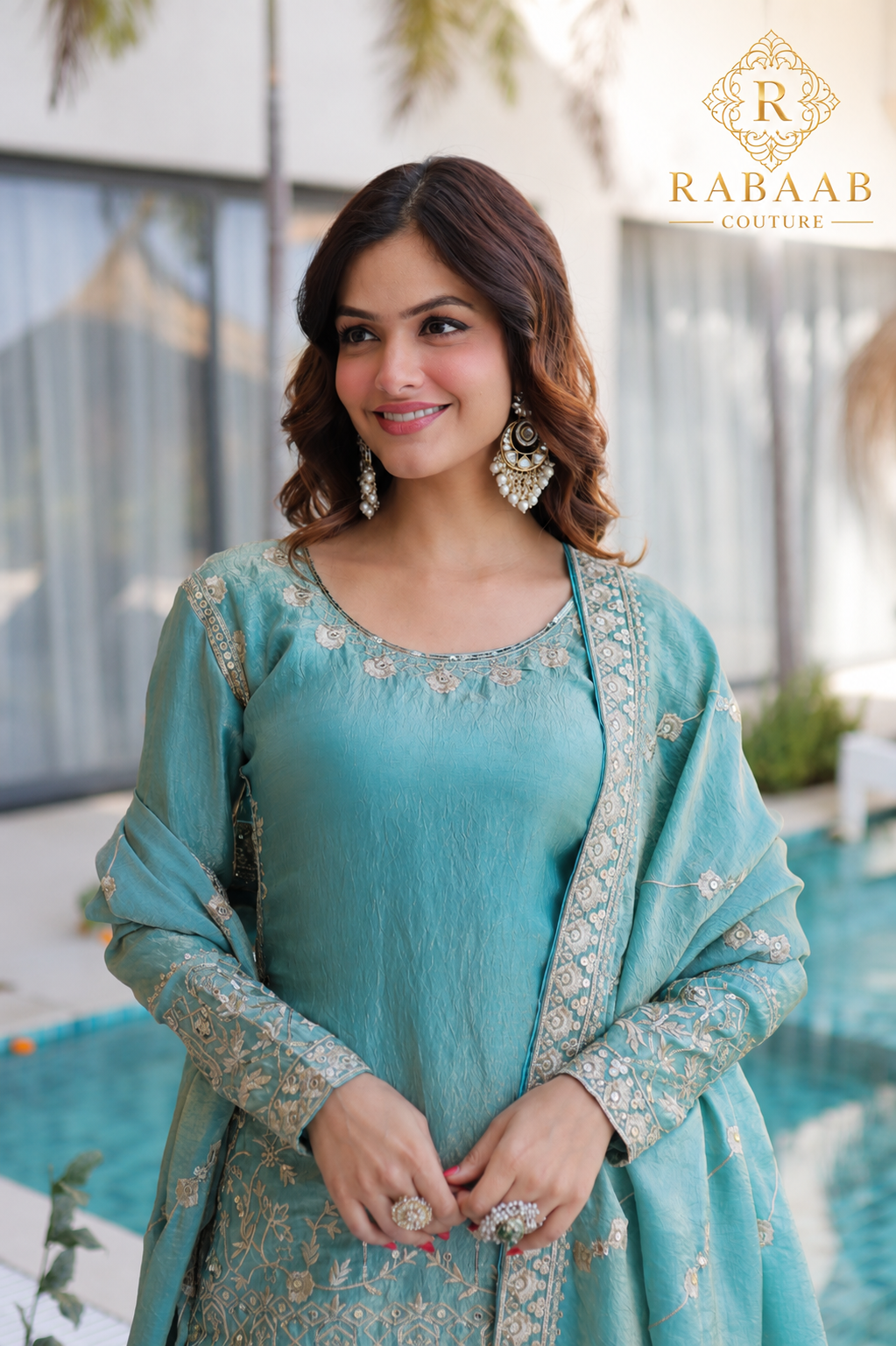 LIGHT AQUA CRUSH SILK SHARARA SET