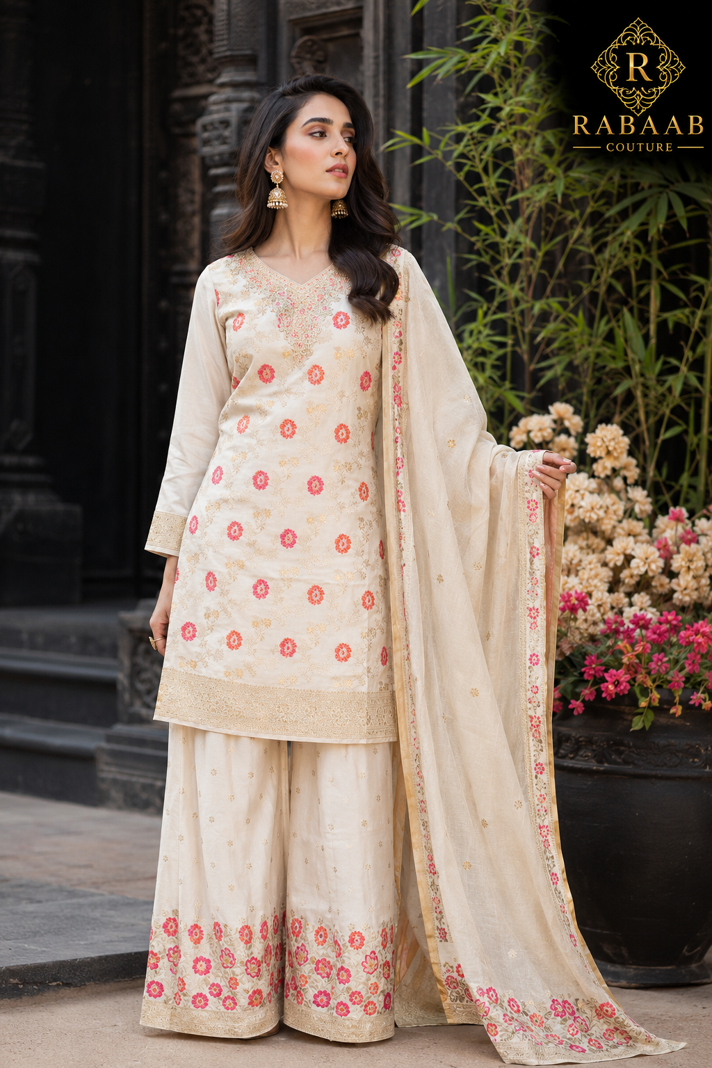 Floral Palazzo Suit - OFFWHITE on Jacquard Silk