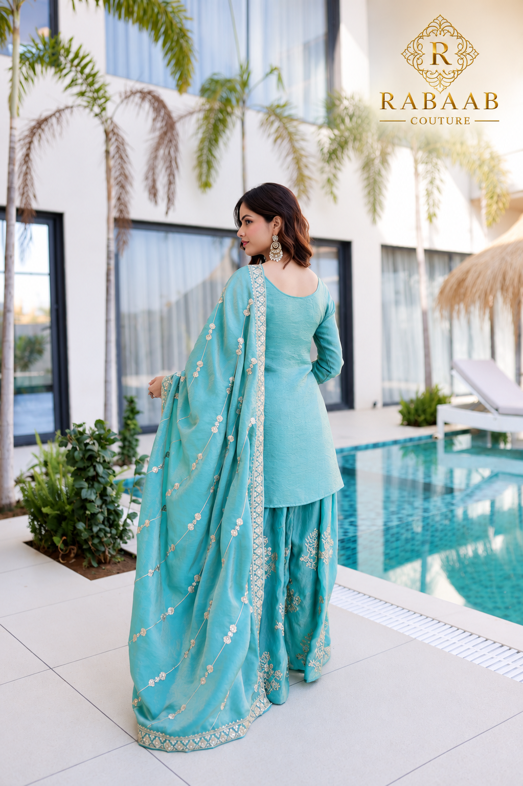 LIGHT AQUA CRUSH SILK SHARARA SET
