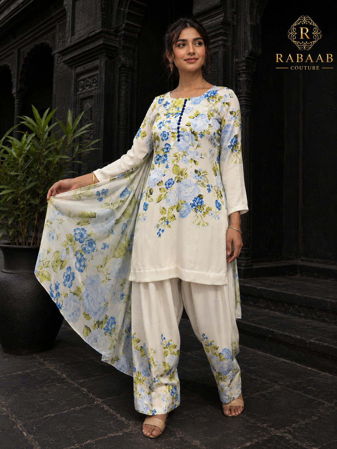 IVORY & Blue Floral Satin Silk Farshi Suit