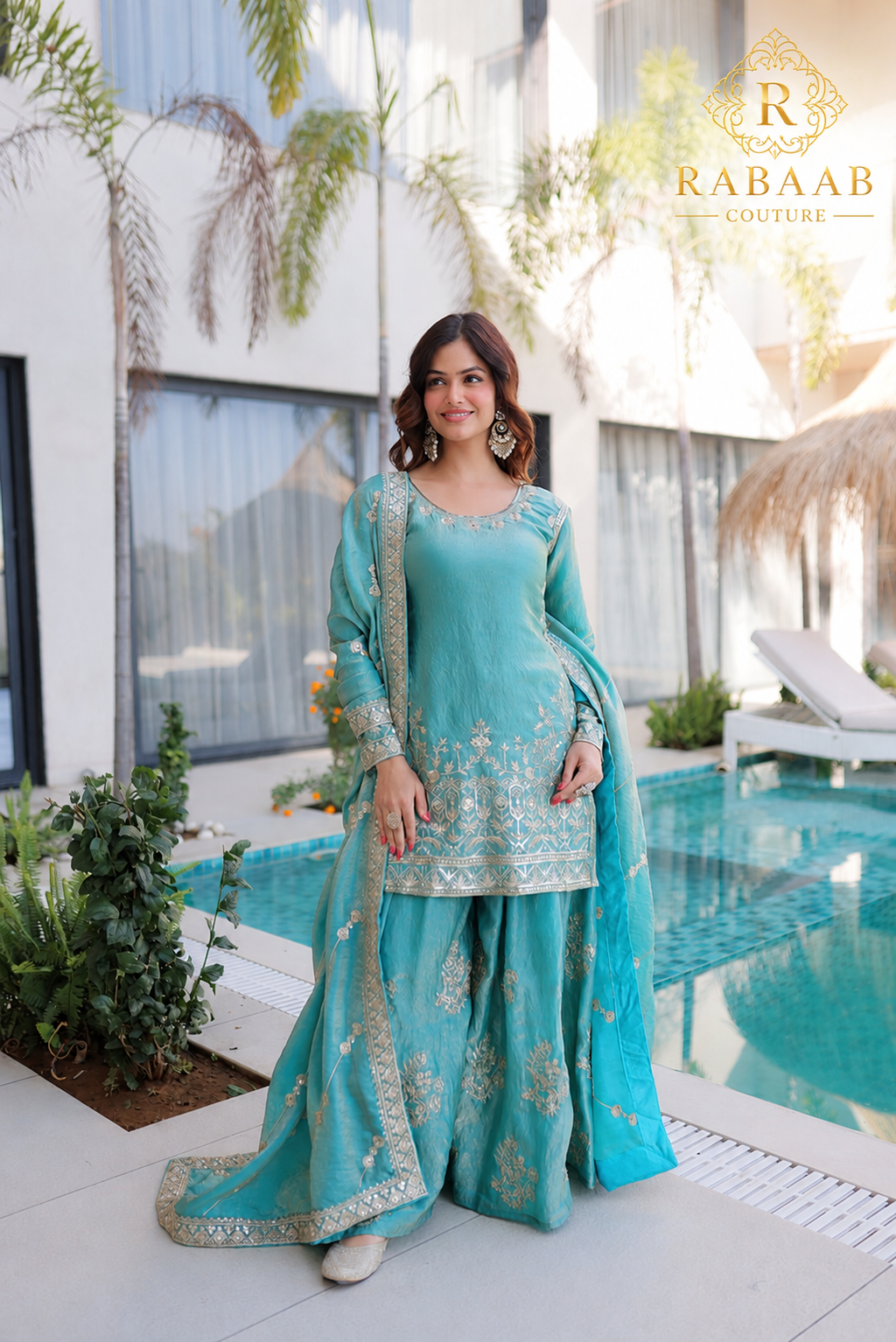 LIGHT AQUA CRUSH SILK SHARARA SET
