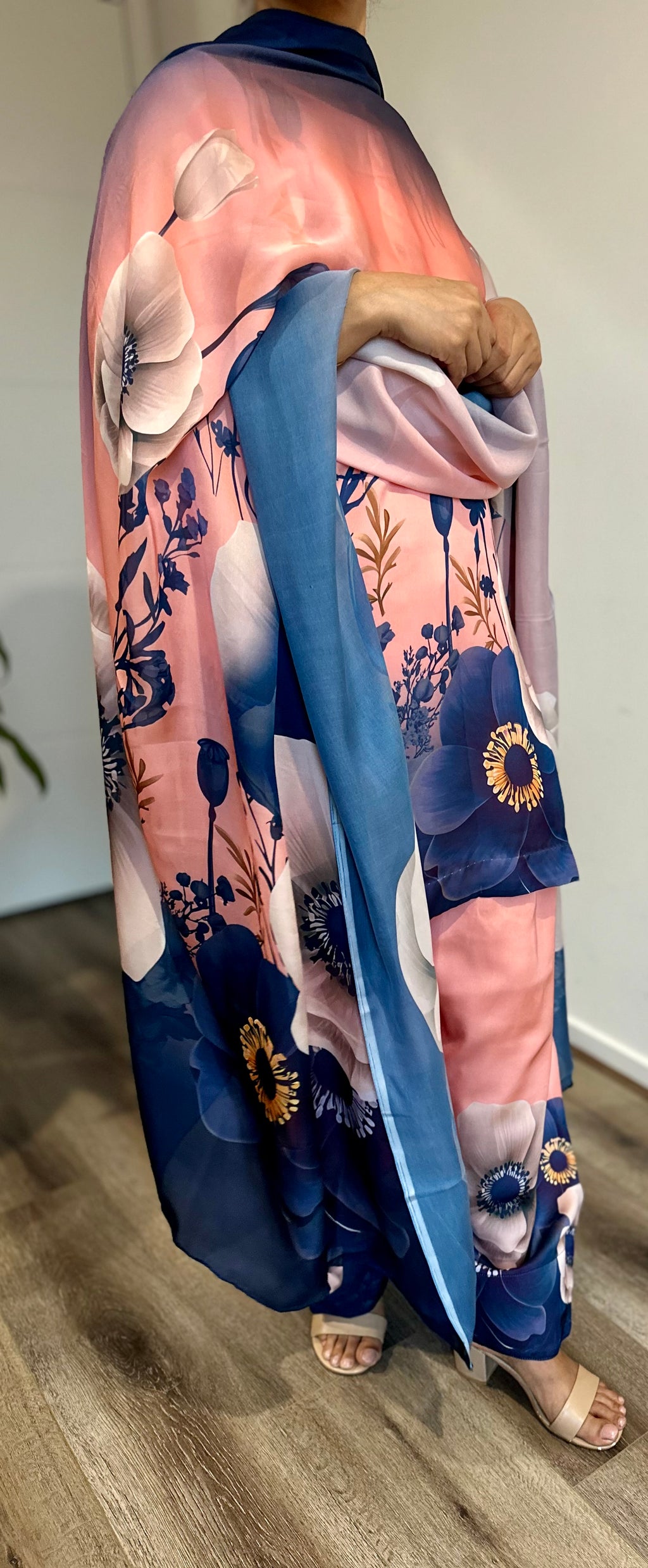 Peach & Navy Satin Silk Farshi Shalwar Suit