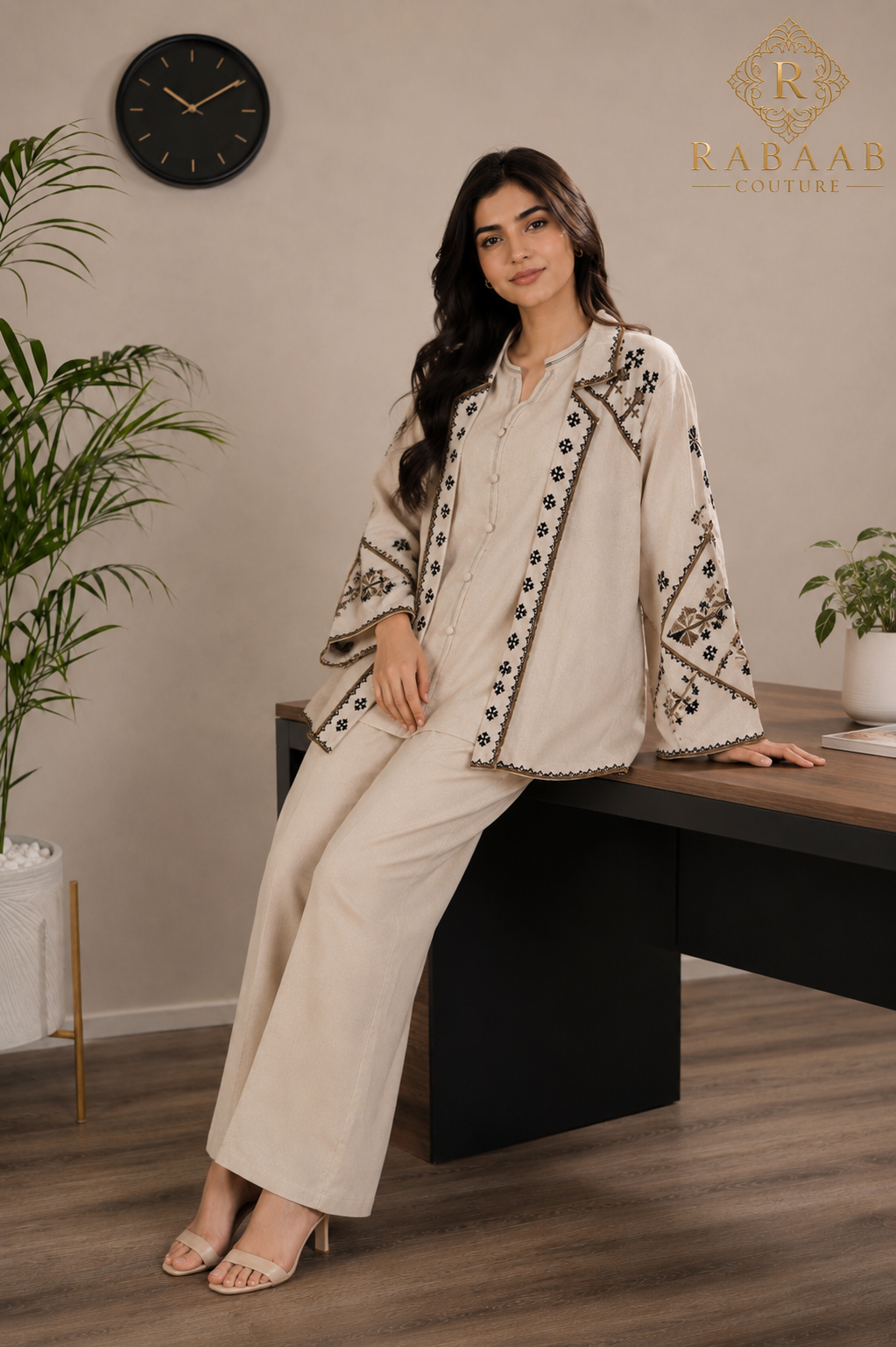 Off-White/IVORY Embroidered 3 Pc Co-ord set