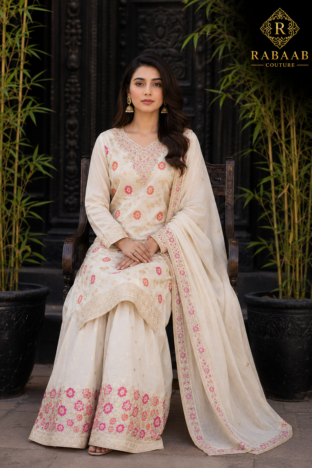 Floral Palazzo Suit - OFFWHITE on Jacquard Silk