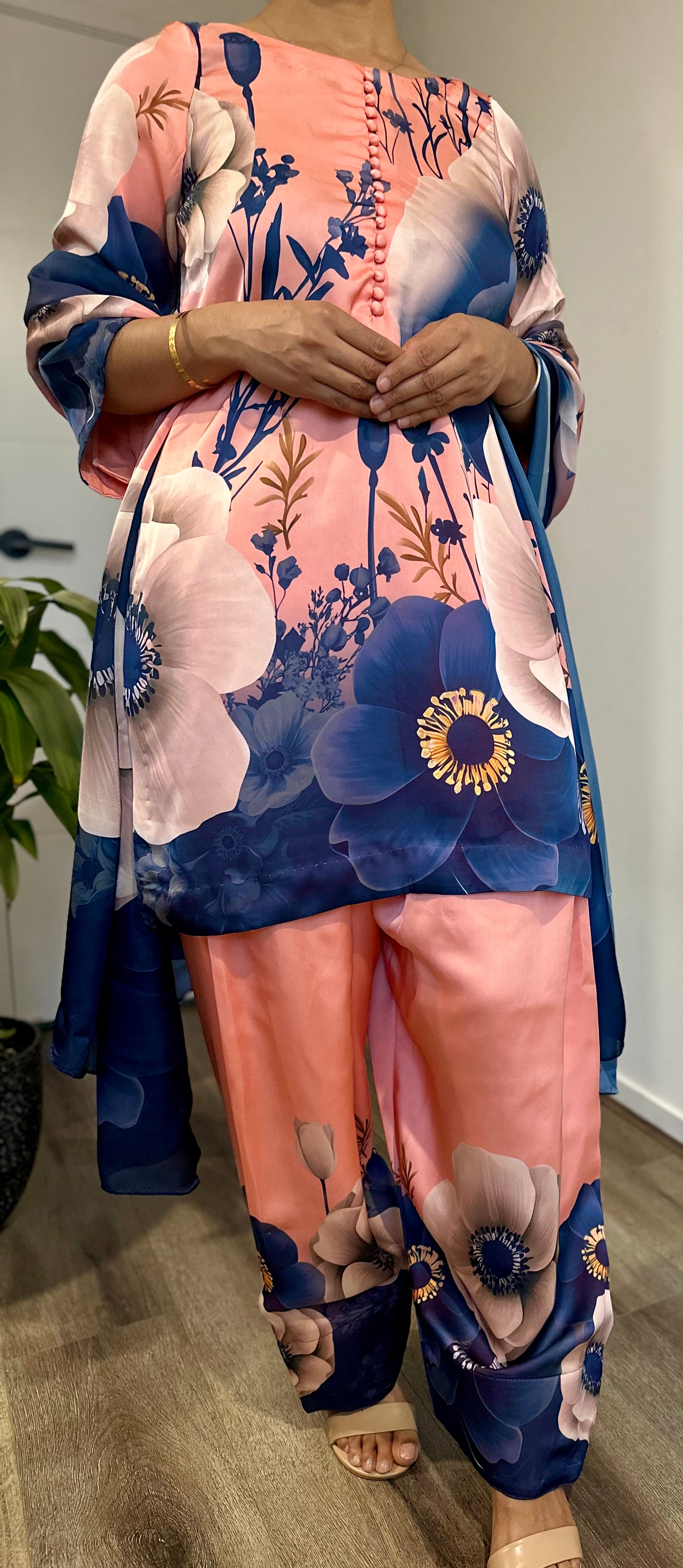 Peach & Navy Satin Silk Farshi Shalwar Suit