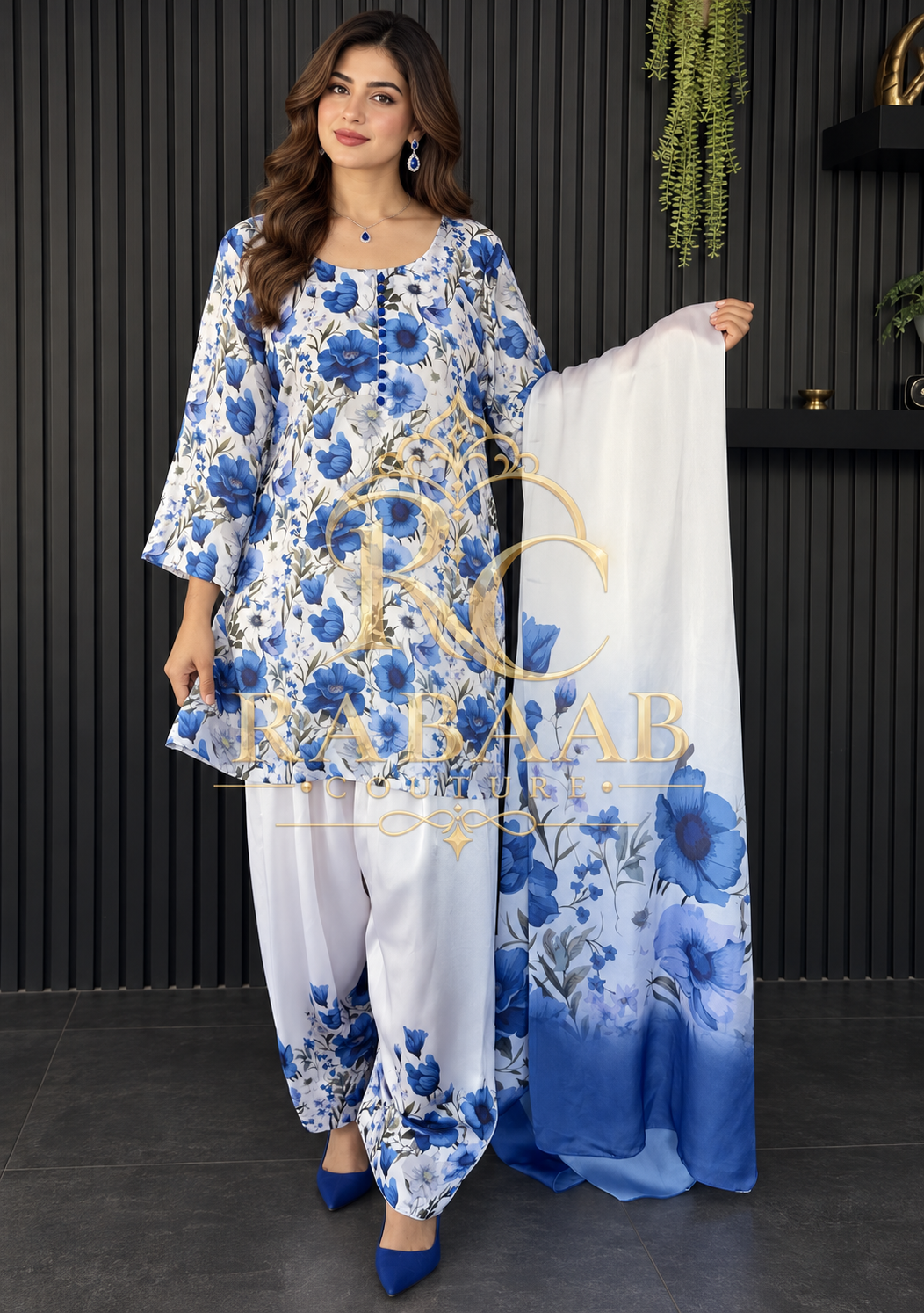 SATIN SILK FARSHI SALWAR SUIT - Ivory and Blue flora