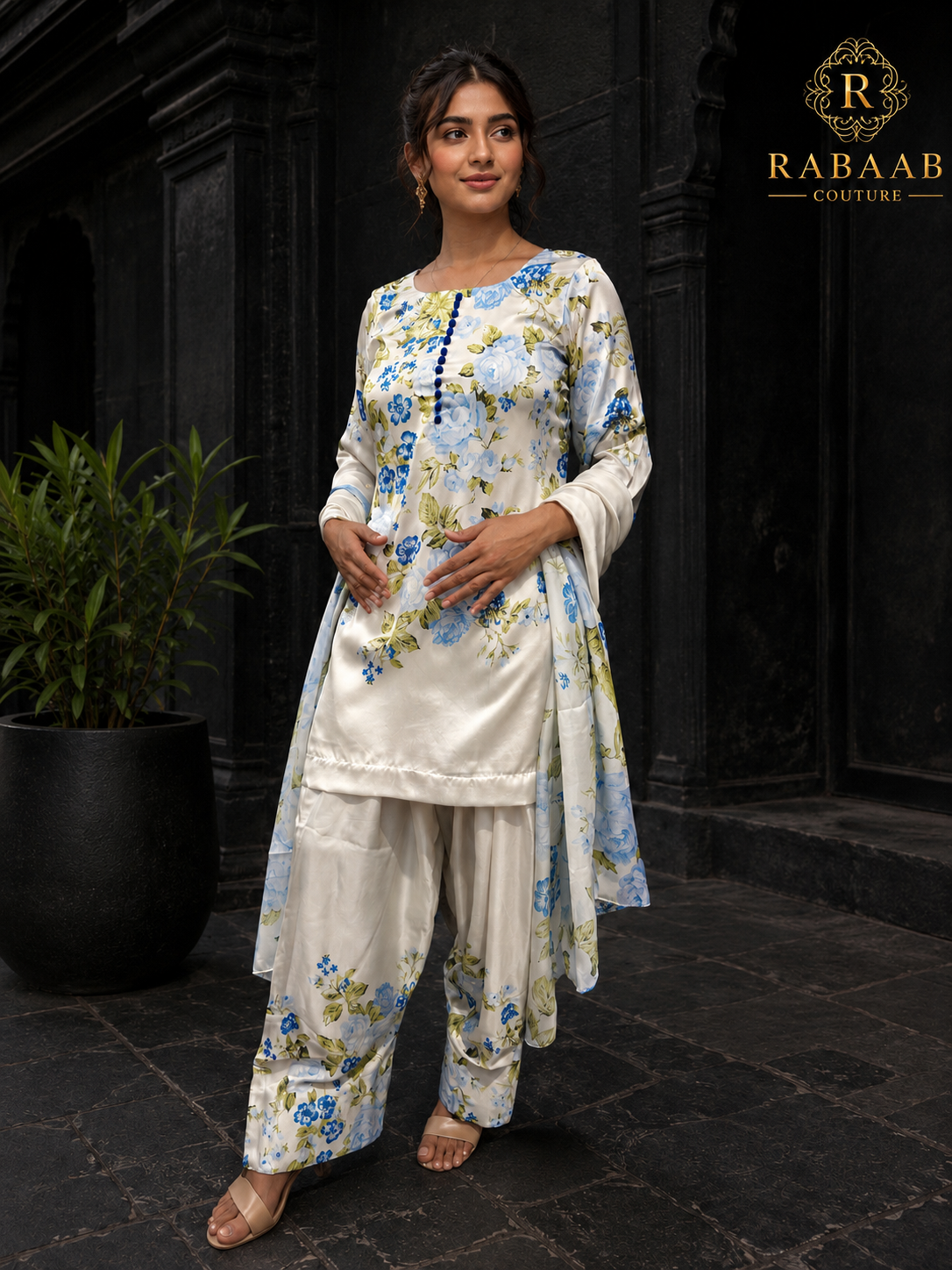 IVORY & Blue Floral Satin Silk Farshi Suit