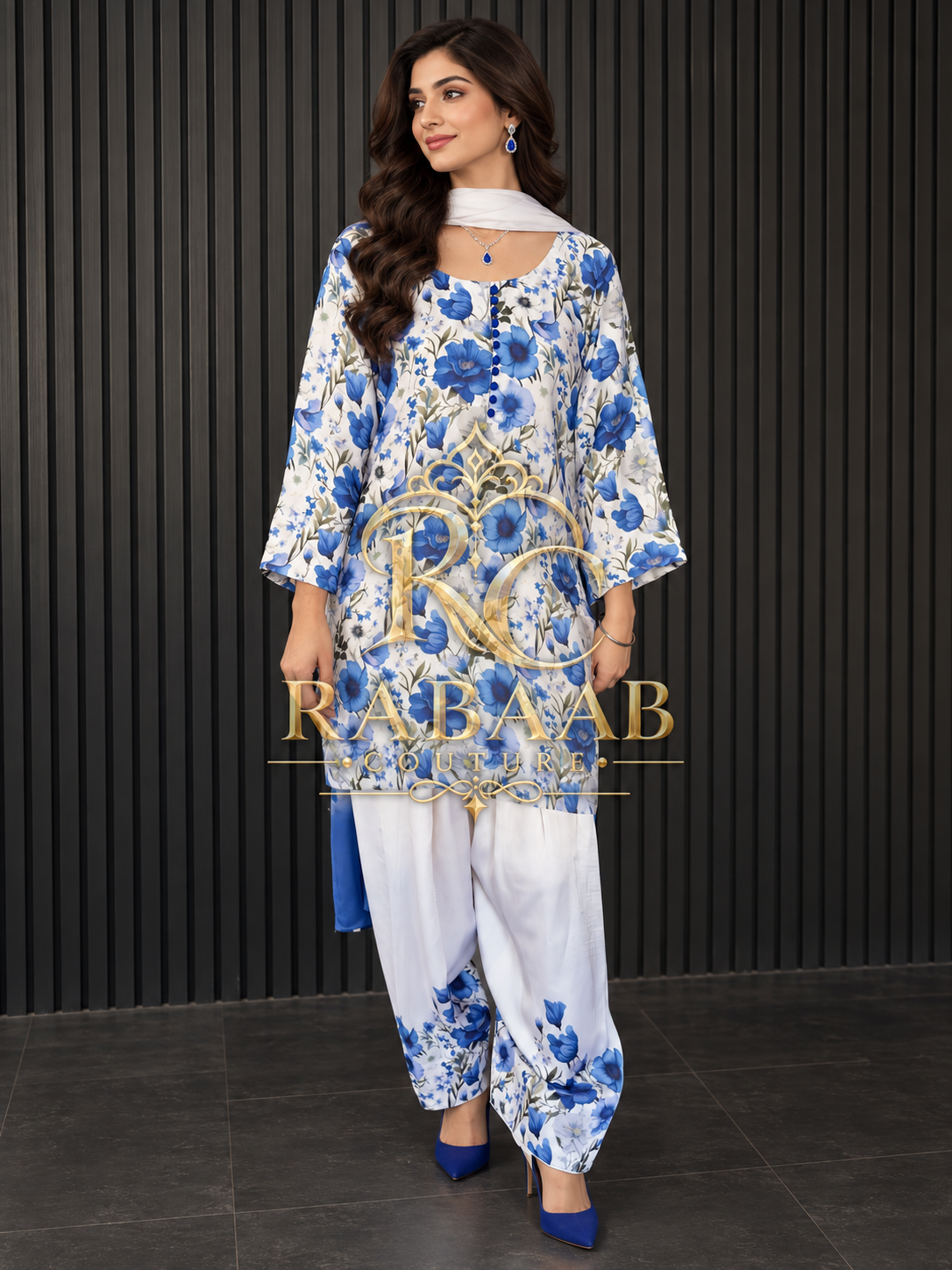 SATIN SILK FARSHI SALWAR SUIT - Ivory and Blue flora