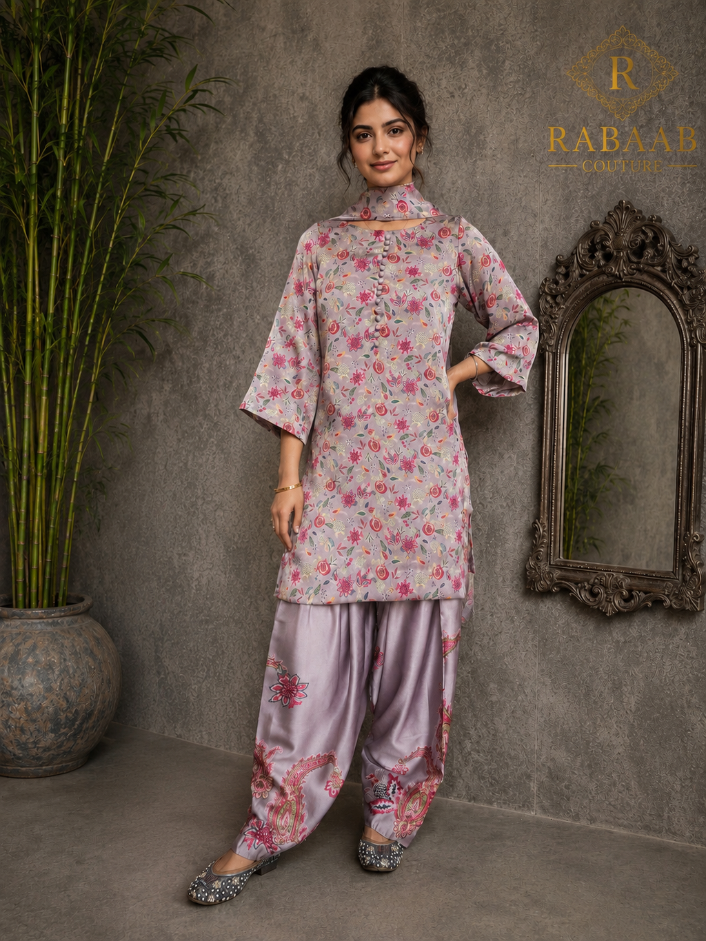 PASTEL IVORY and Floral Satin Silk Farshi