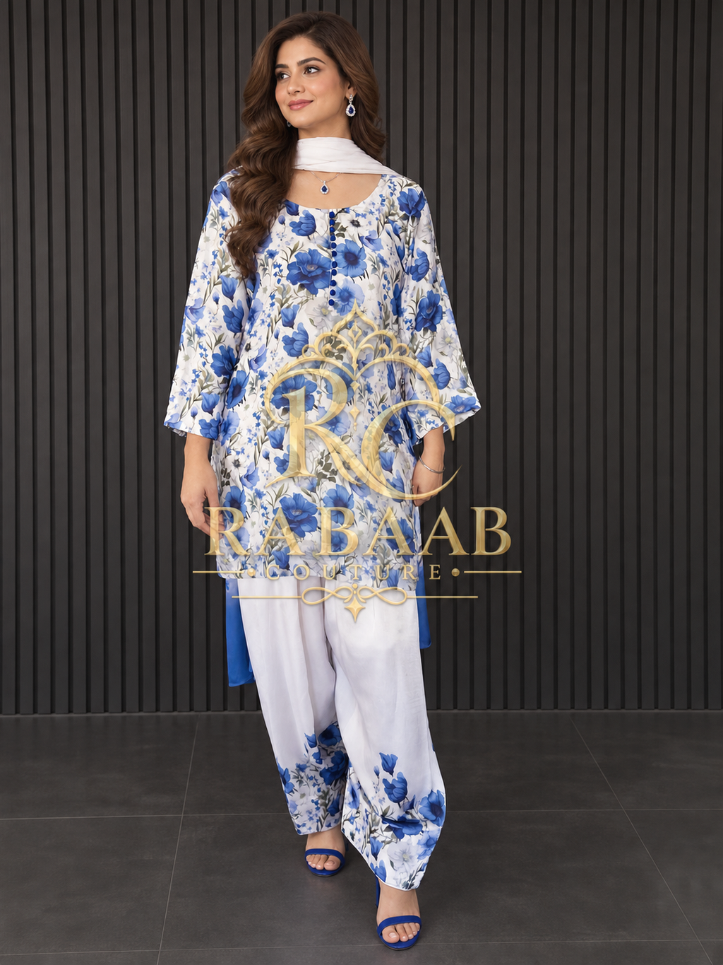 SATIN SILK FARSHI SALWAR SUIT - Ivory and Blue flora