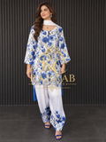 SATIN SILK FARSHI SALWAR SUIT - Ivory and Blue flora