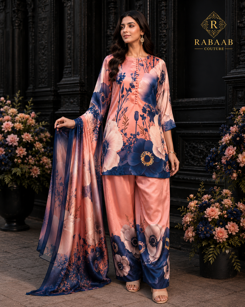 Peach & Navy Satin Silk Farshi Shalwar Suit