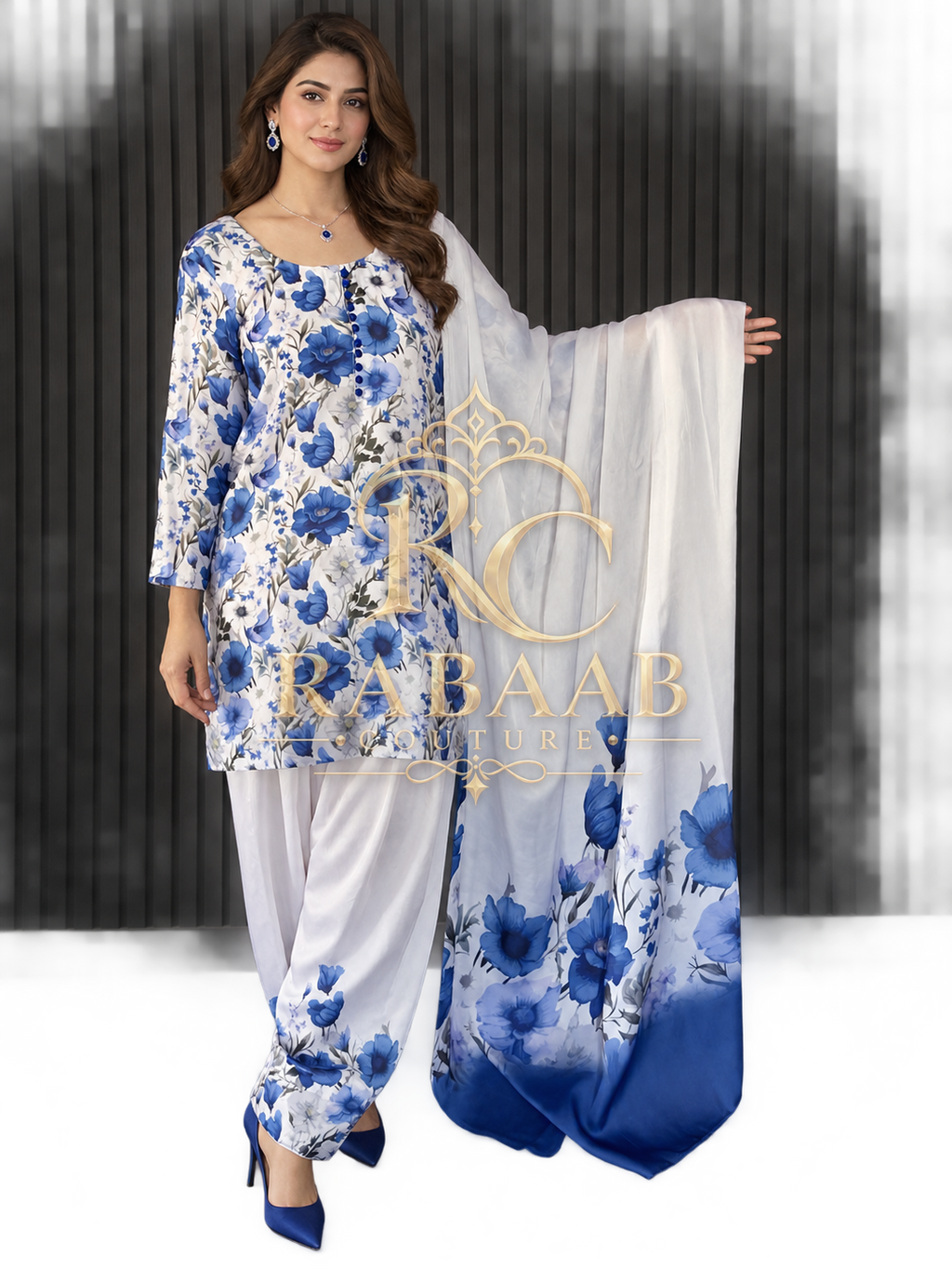 SATIN SILK FARSHI SALWAR SUIT - Ivory and Blue flora