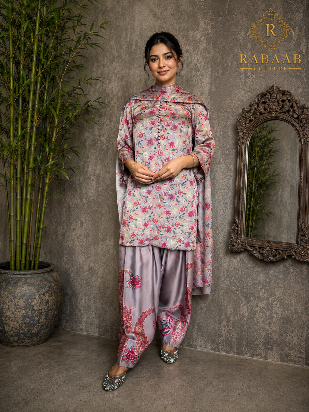 PASTEL IVORY and Floral Satin Silk Farshi