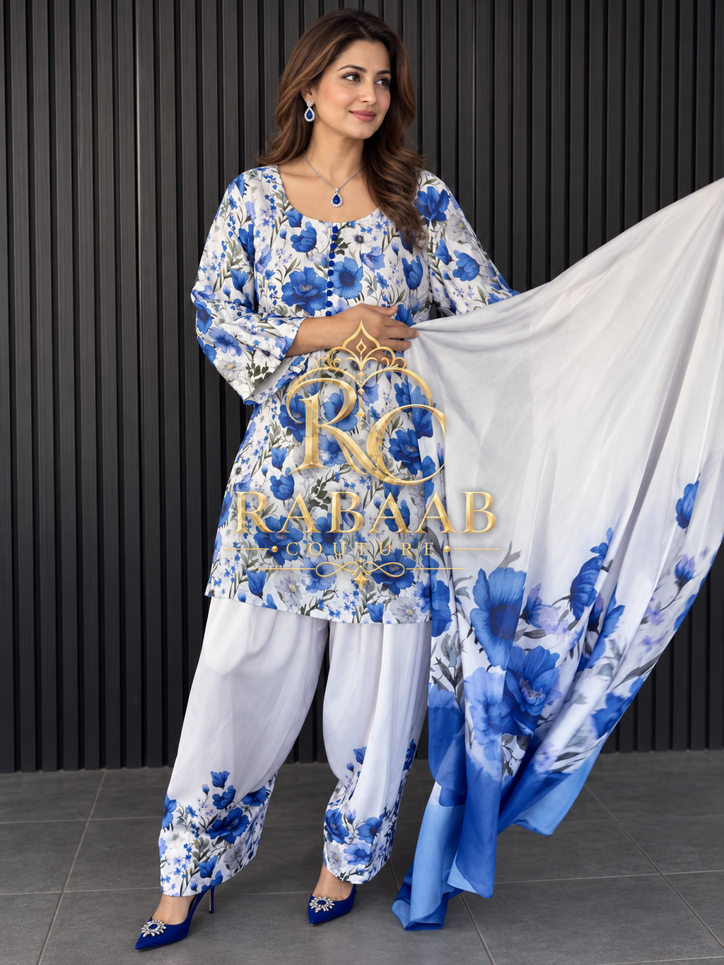 SATIN SILK FARSHI SALWAR SUIT - Ivory and Blue flora