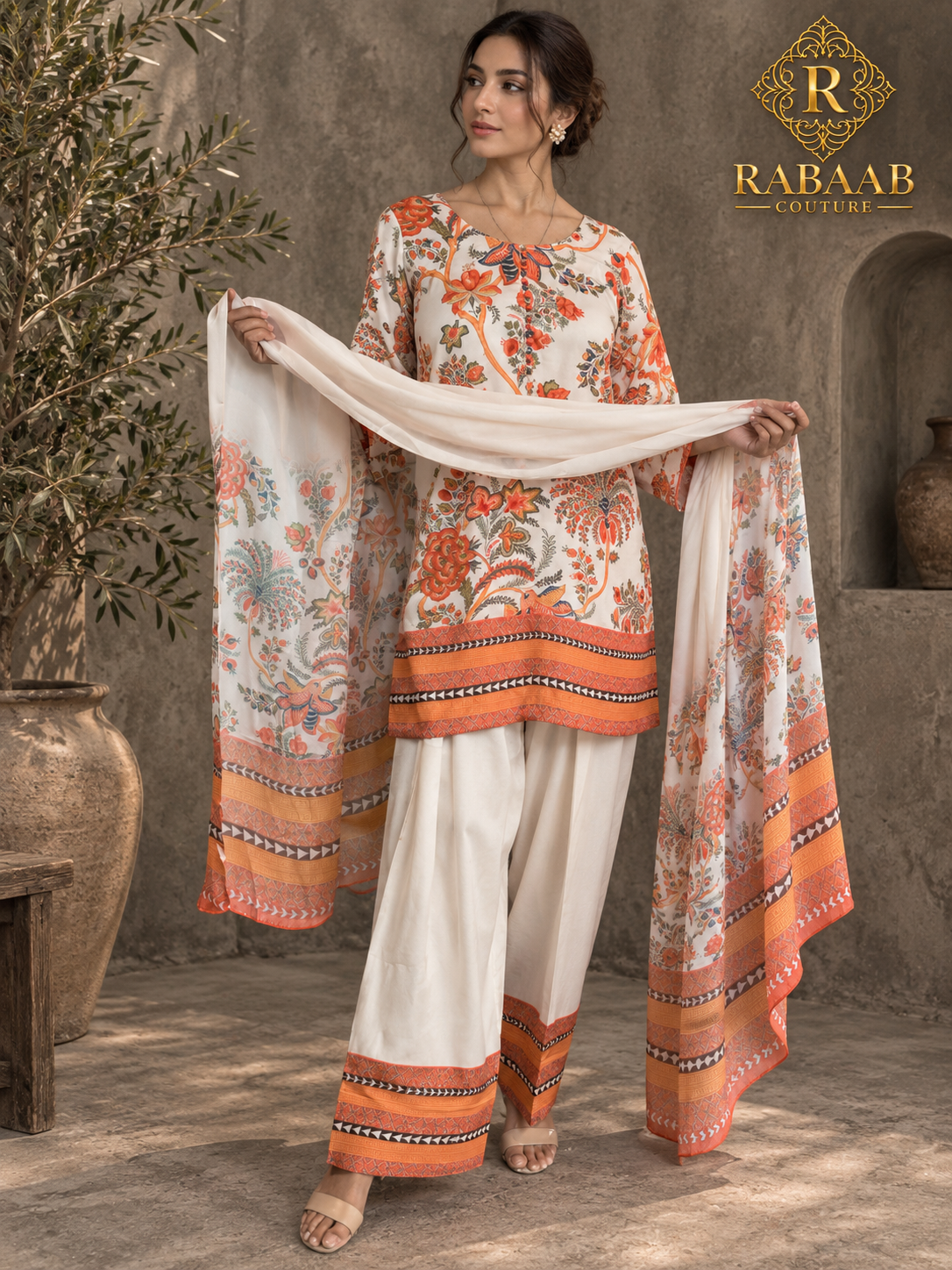 Satin Silk Farshi Suit - Ivory and Peach