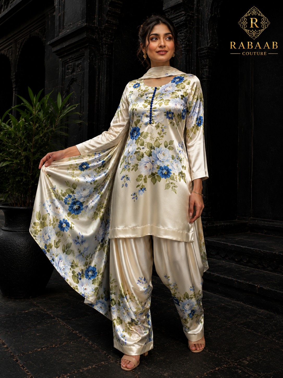 IVORY & Blue Floral Satin Silk Farshi Suit