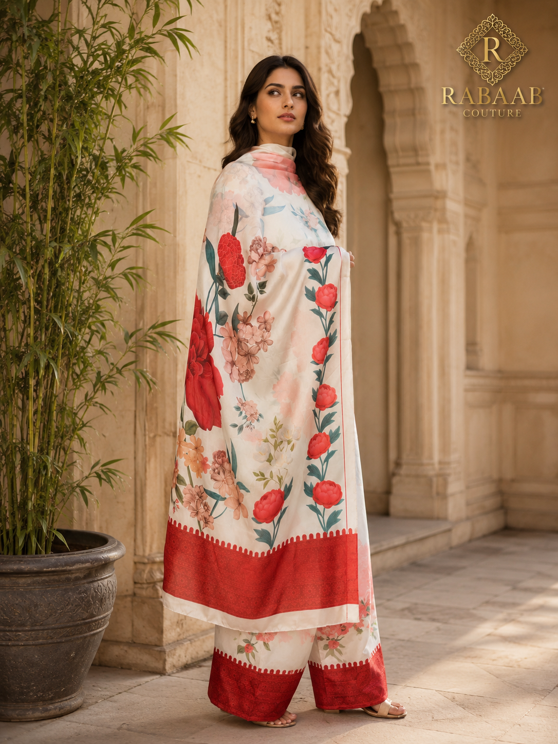 RED AND IVORY - SATIN SILK FARSHI SHALWAR SUIT