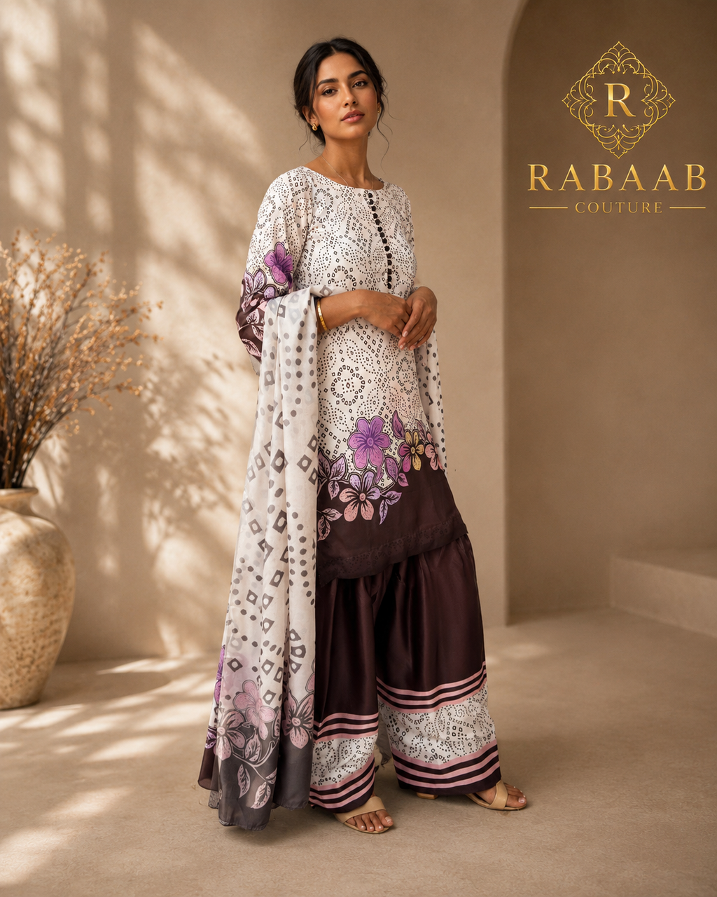 Brown and White Dotted floral - Satin Silk Farshi Suit