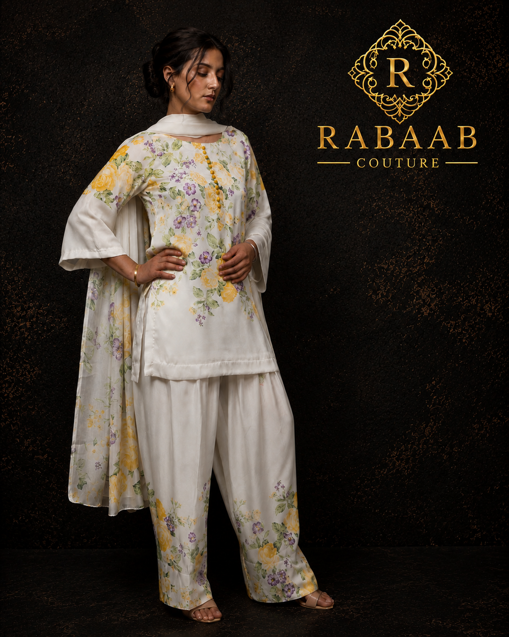 IVORY AND YELLOW FLORAL FARSHI