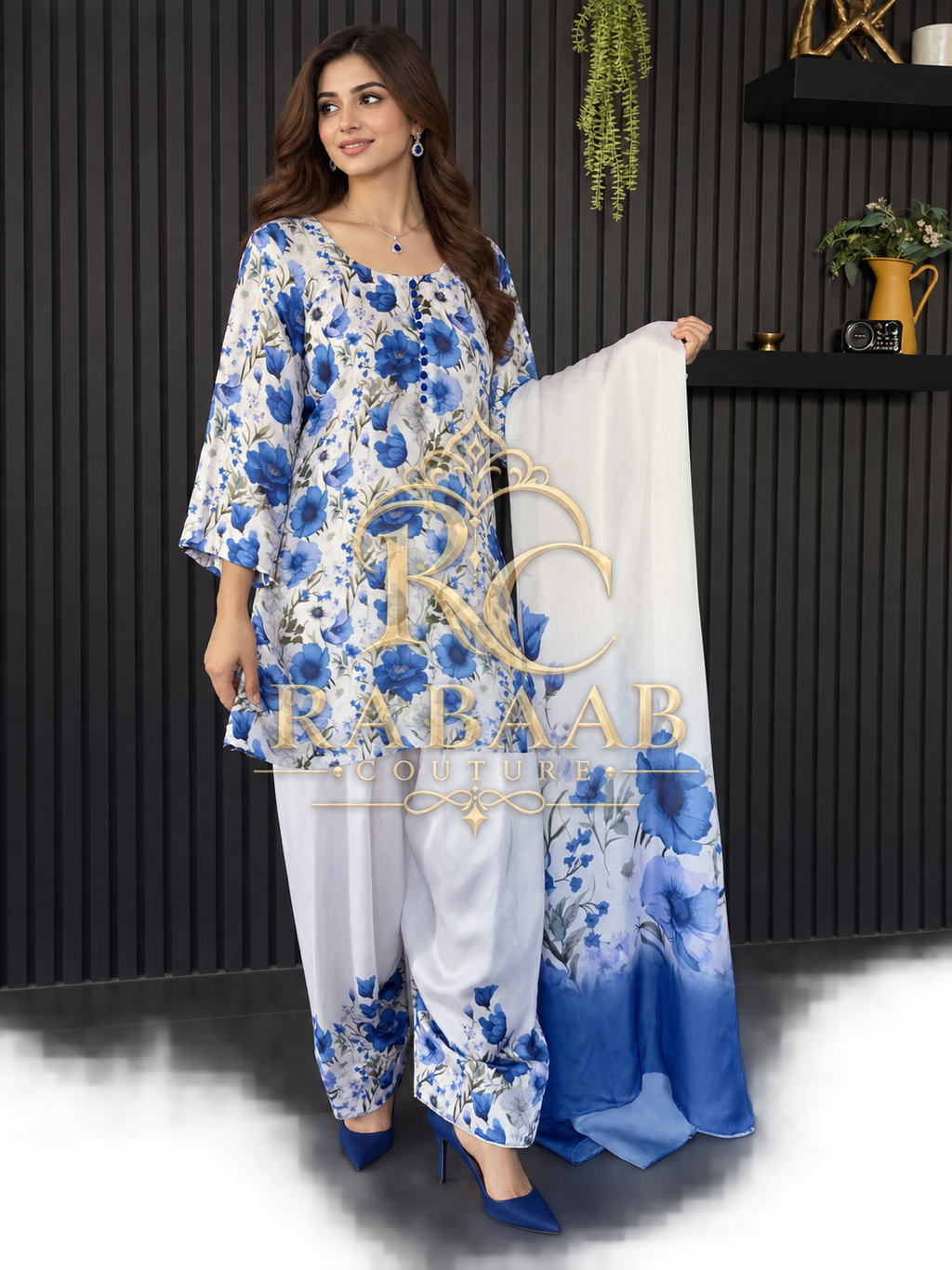 SATIN SILK FARSHI SALWAR SUIT - Ivory and Blue flora