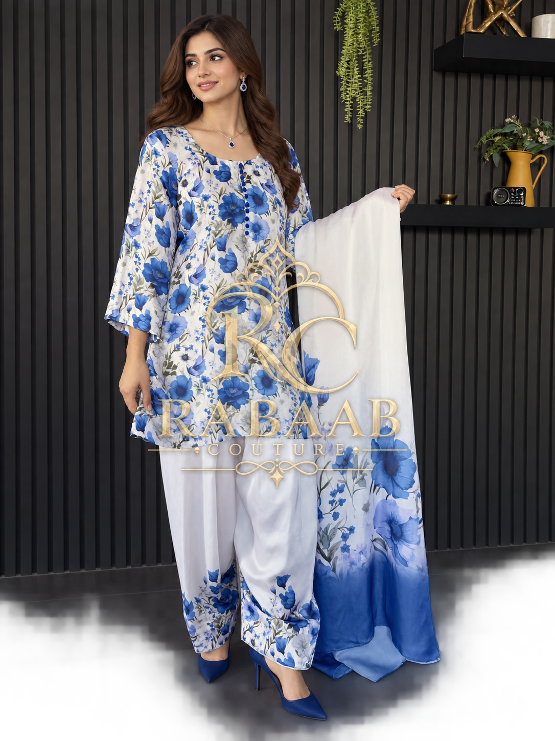 SATIN SILK FARSHI SALWAR SUIT - Ivory and Blue flora