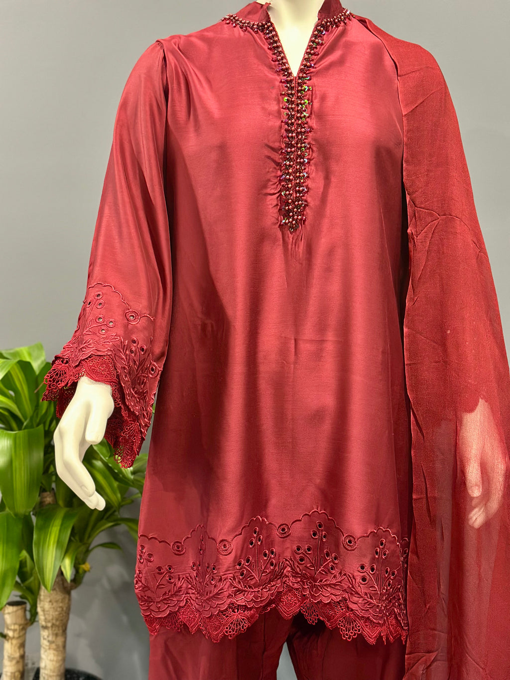 3 Piece Deep Red Suit - Silk, Cotton & Embroidered