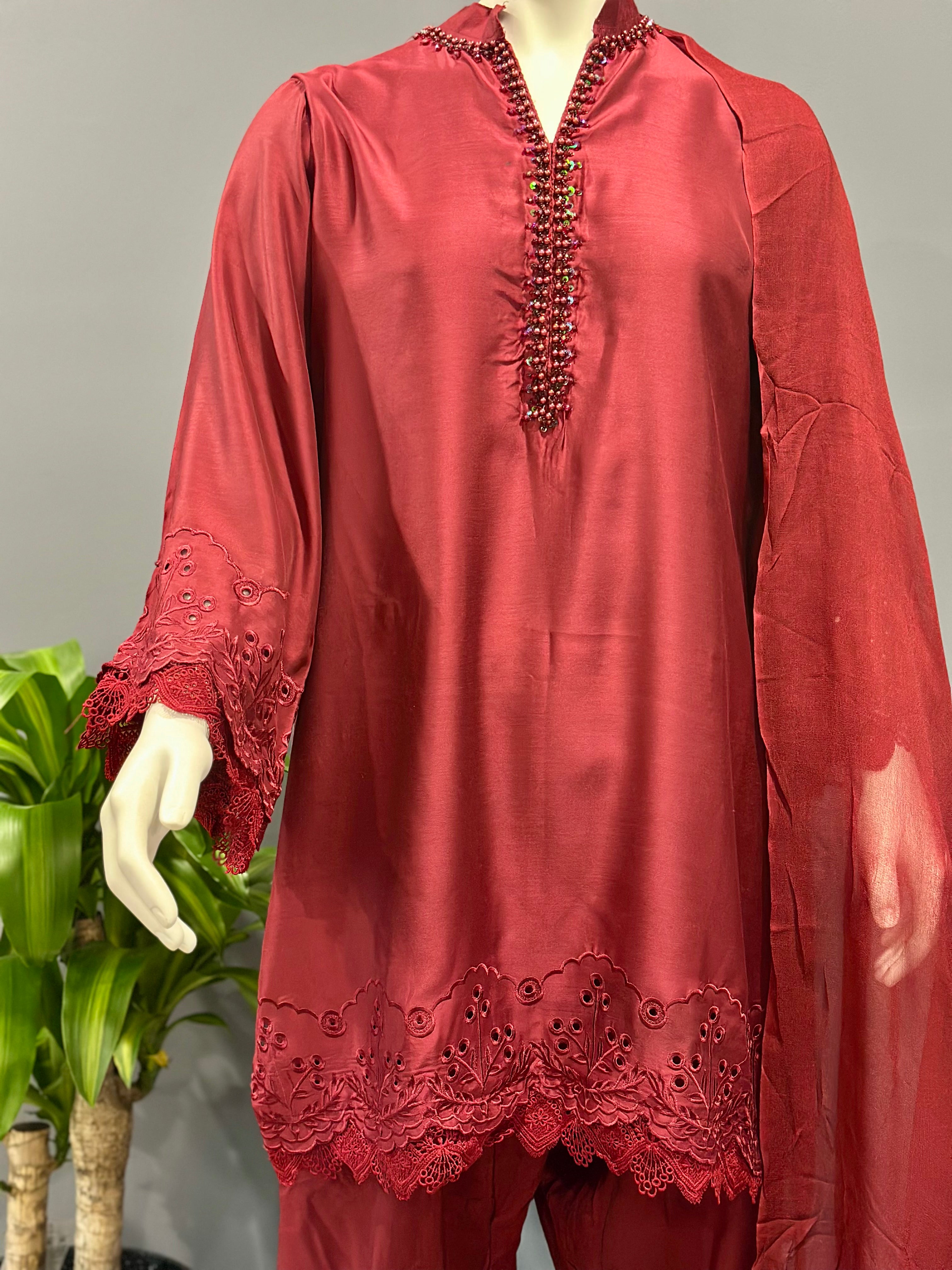 3 Piece Deep Red Suit - Silk, Cotton & Embroidered