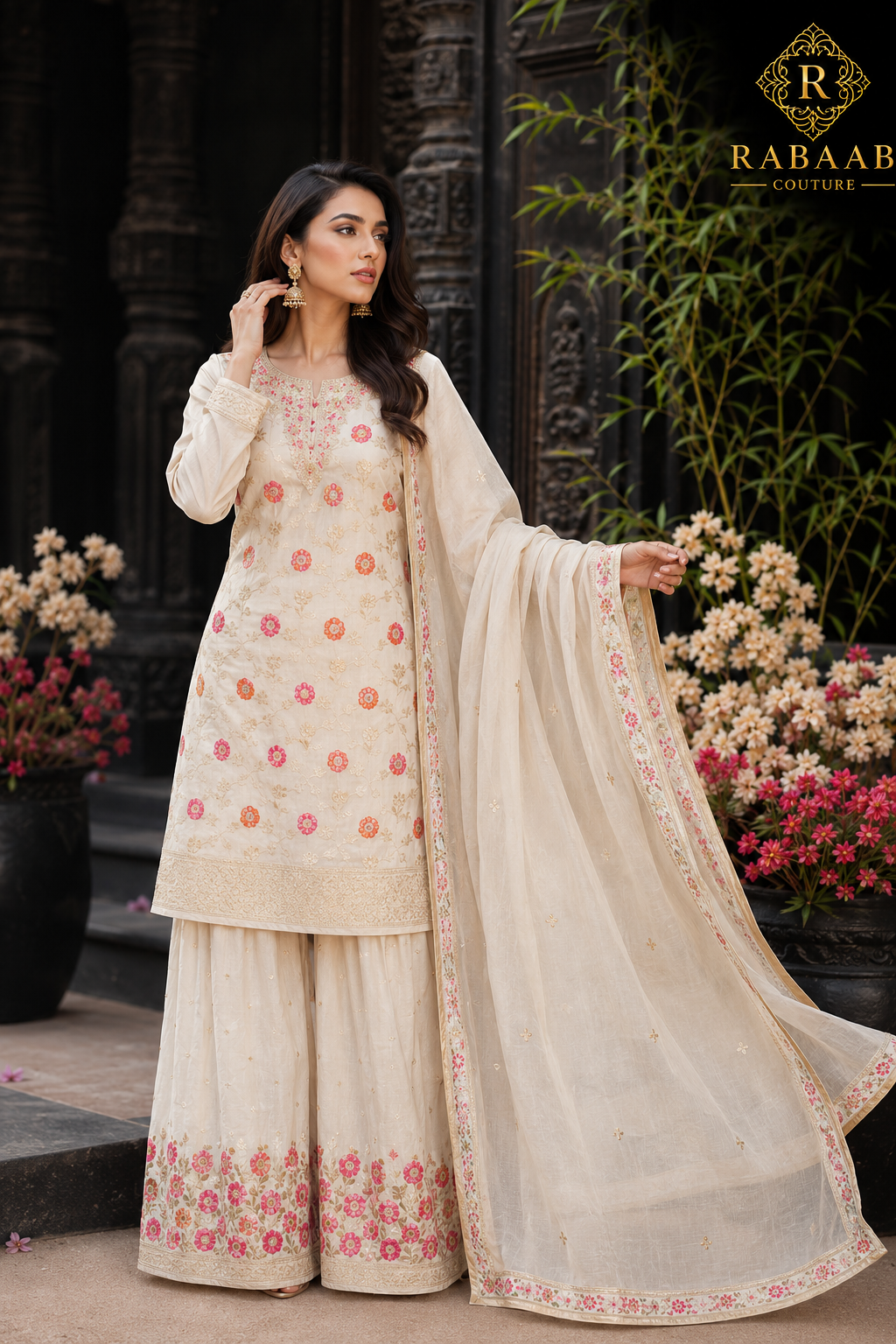 Floral Palazzo Suit - OFFWHITE on Jacquard Silk