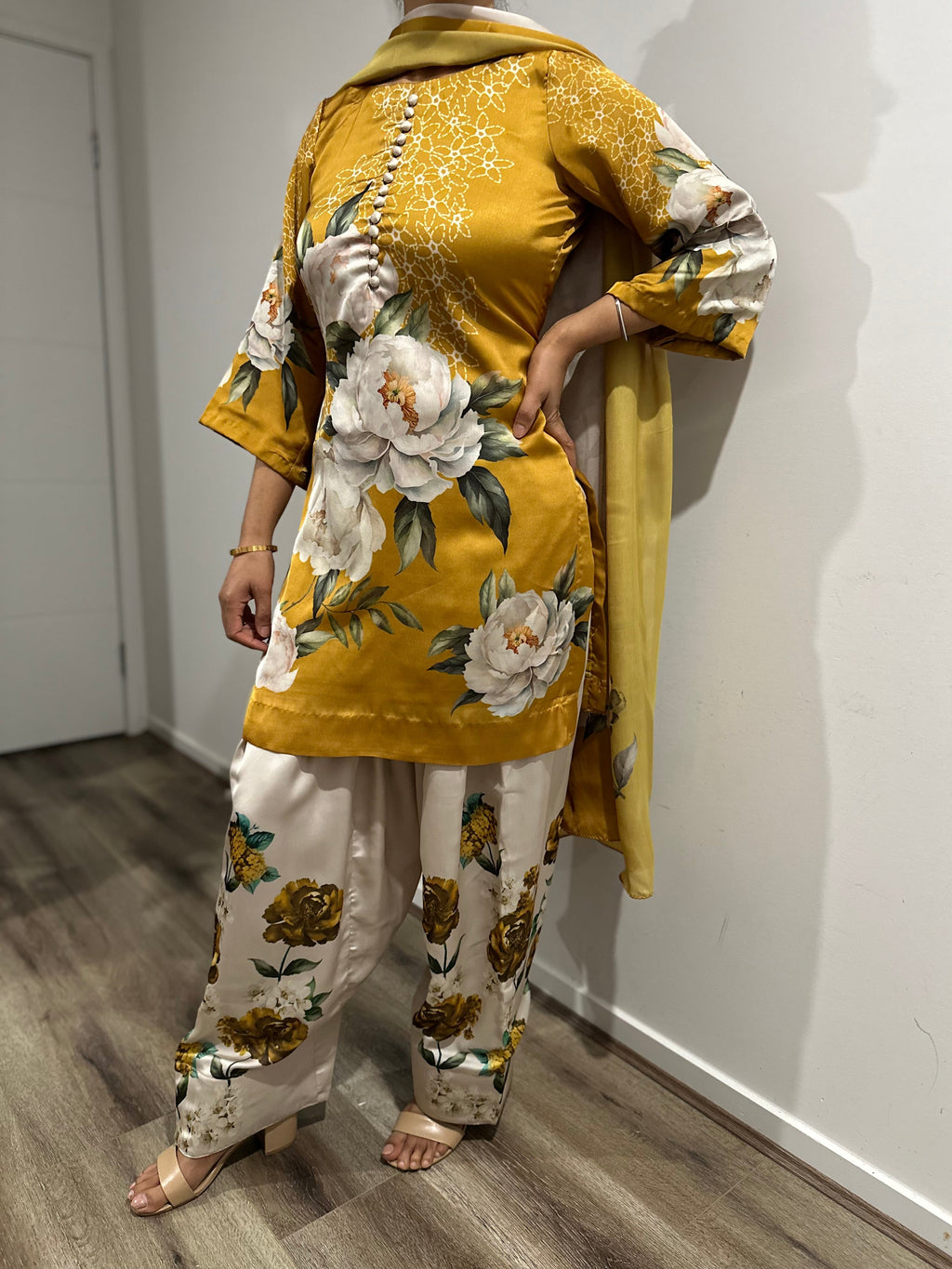 Mustard Bloom 3-Piece Farshi Shalwar Suit