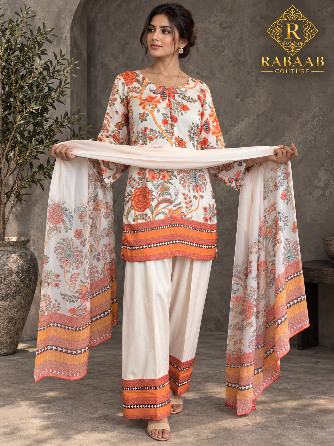 Satin Silk Farshi Suit - Ivory and Peach