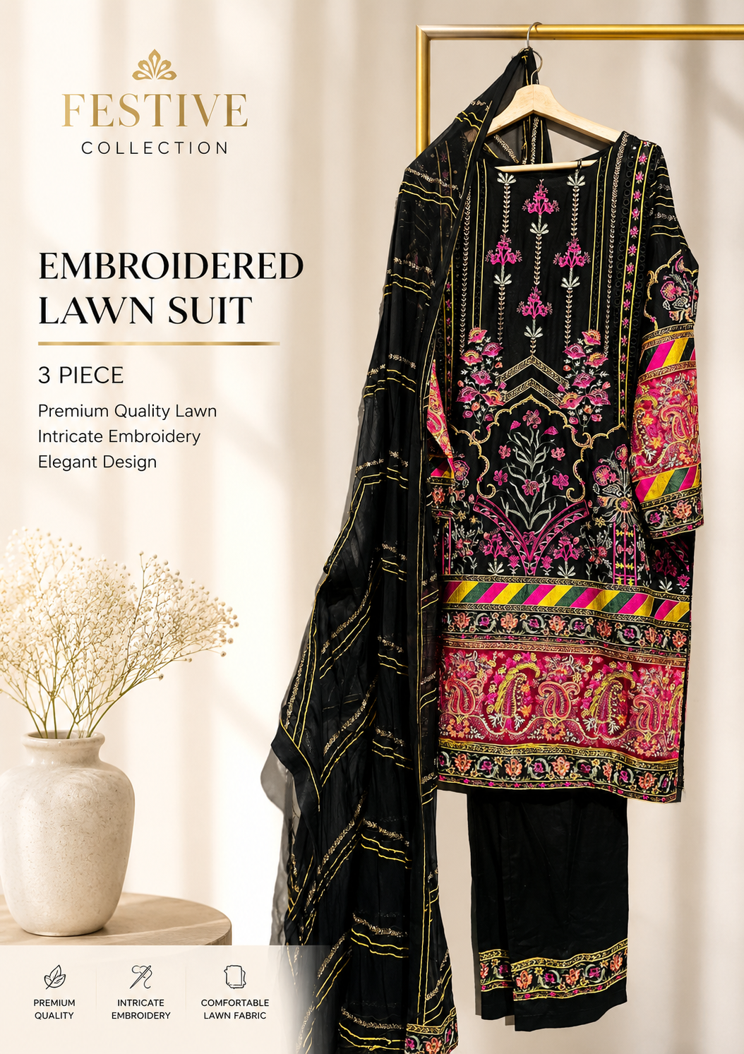 3 Piece Black Suit - Chiffaun Dupatta