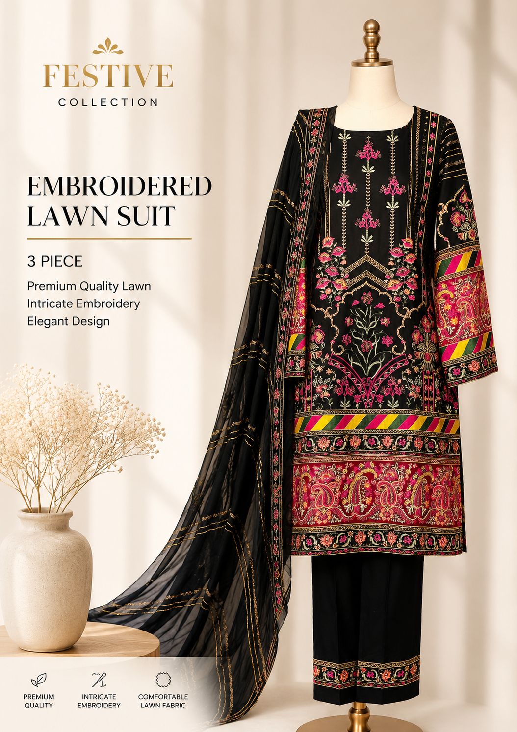 3 Piece Black Suit - Chiffaun Dupatta