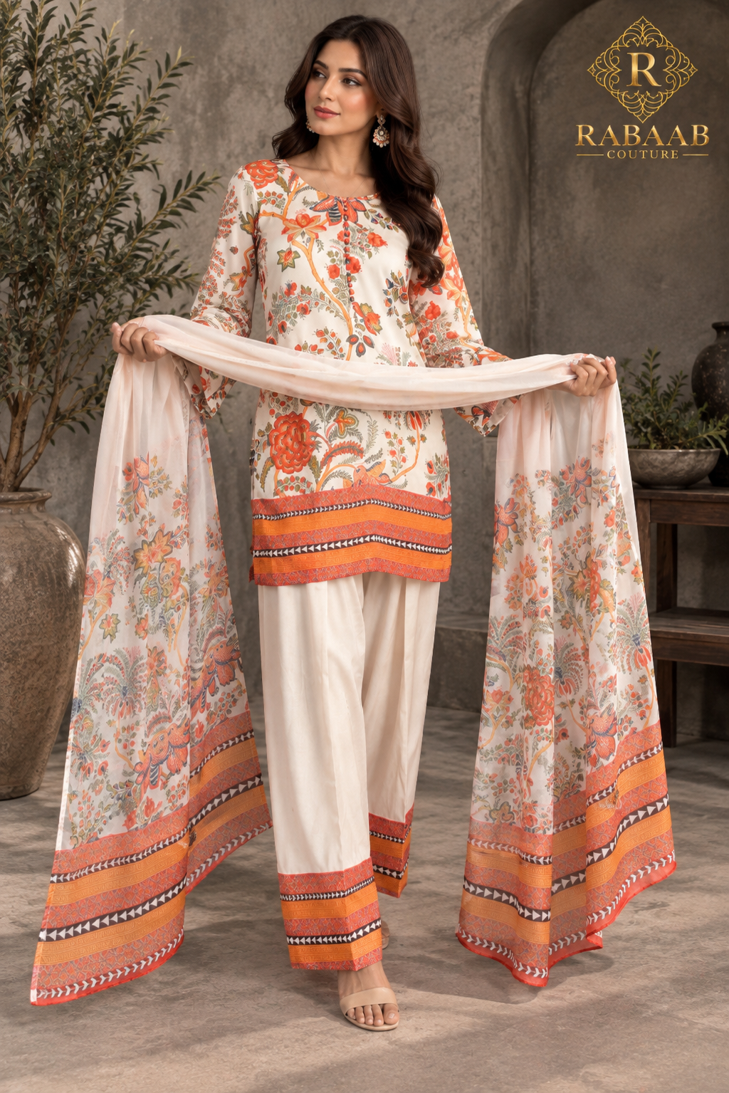 Satin Silk Farshi Suit - Ivory and Peach
