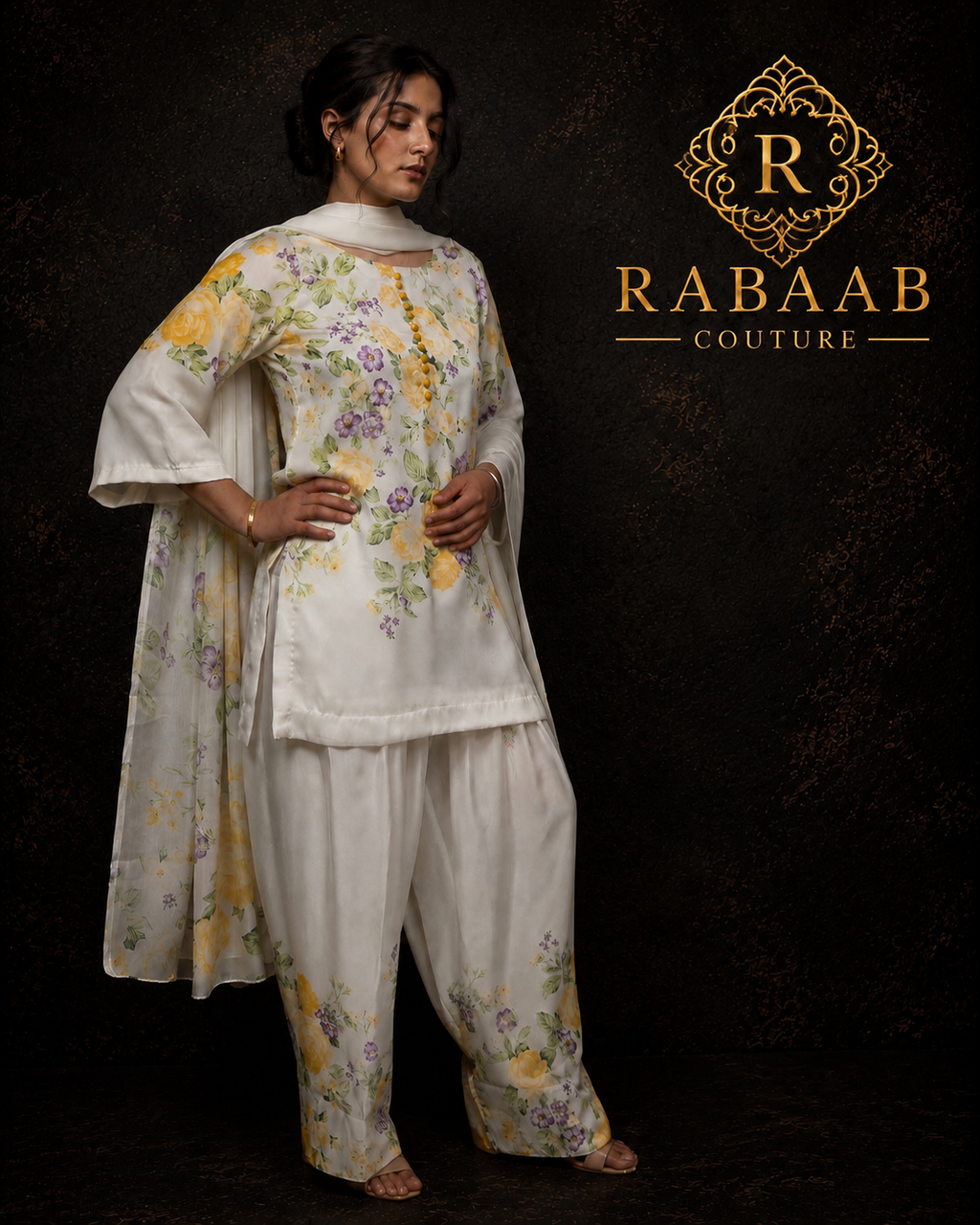 IVORY AND YELLOW FLORAL FARSHI
