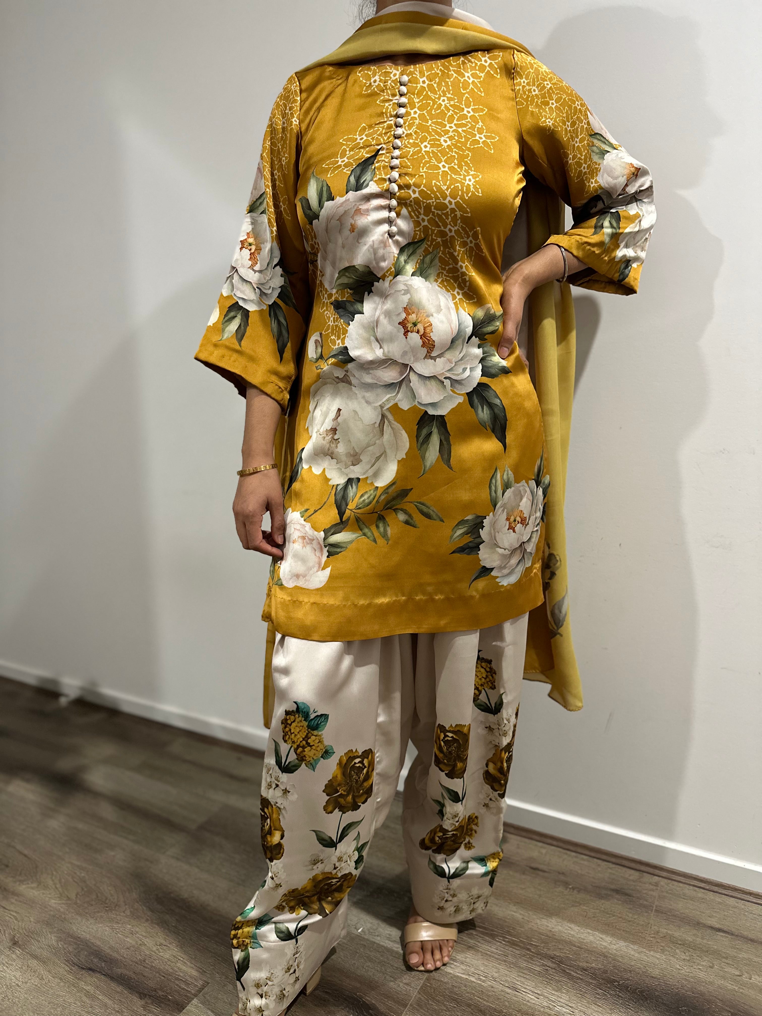 Mustard Bloom 3-Piece Farshi Shalwar Suit