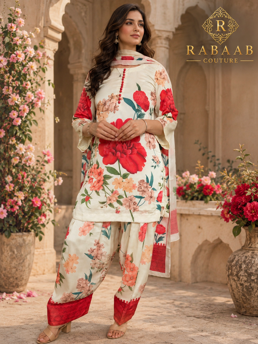 RED AND IVORY - SATIN SILK FARSHI SHALWAR SUIT