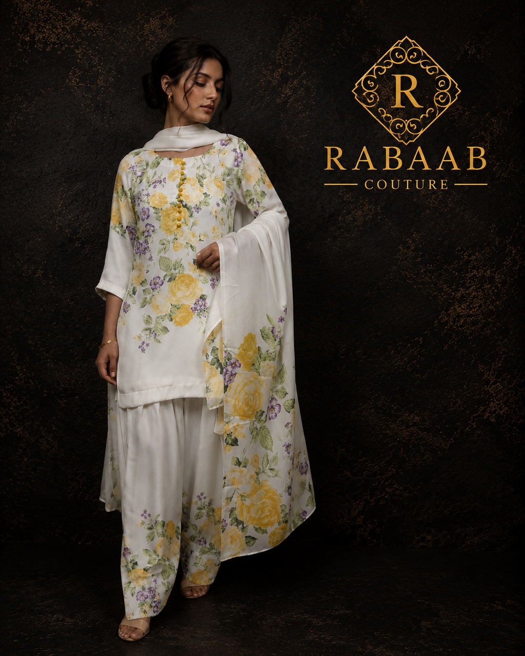 IVORY AND YELLOW FLORAL FARSHI