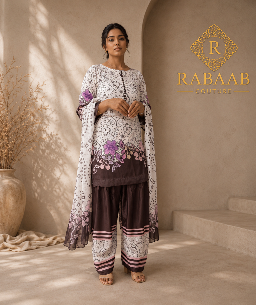 Brown and White Dotted floral - Satin Silk Farshi Suit