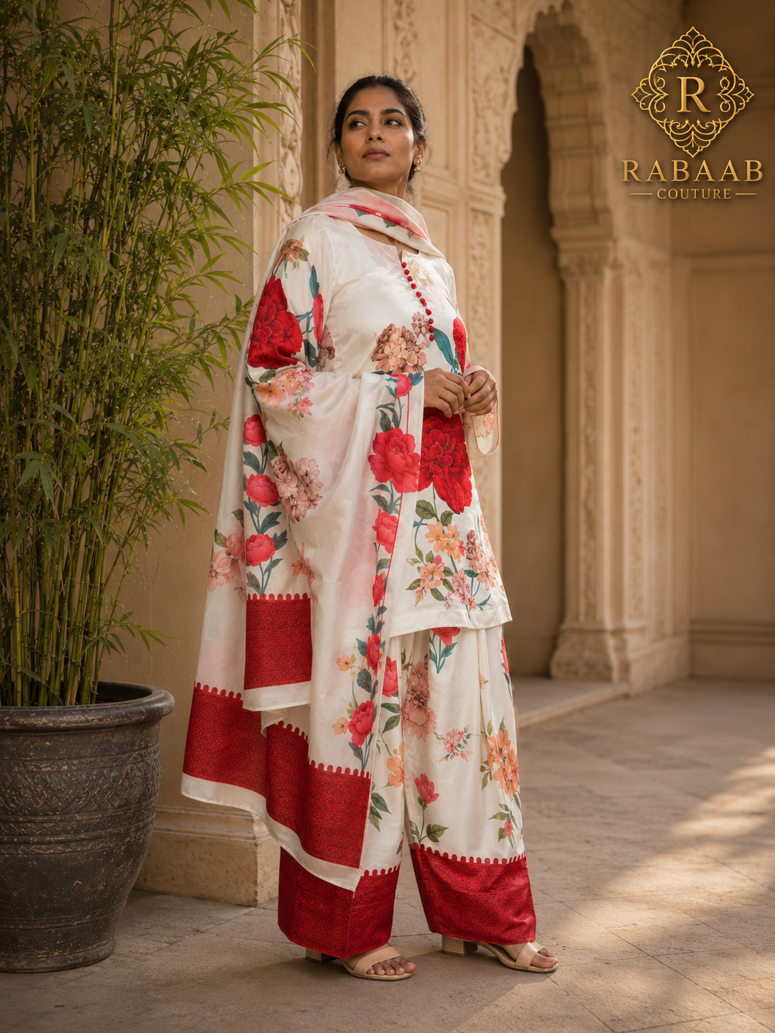RED AND IVORY - SATIN SILK FARSHI SHALWAR SUIT