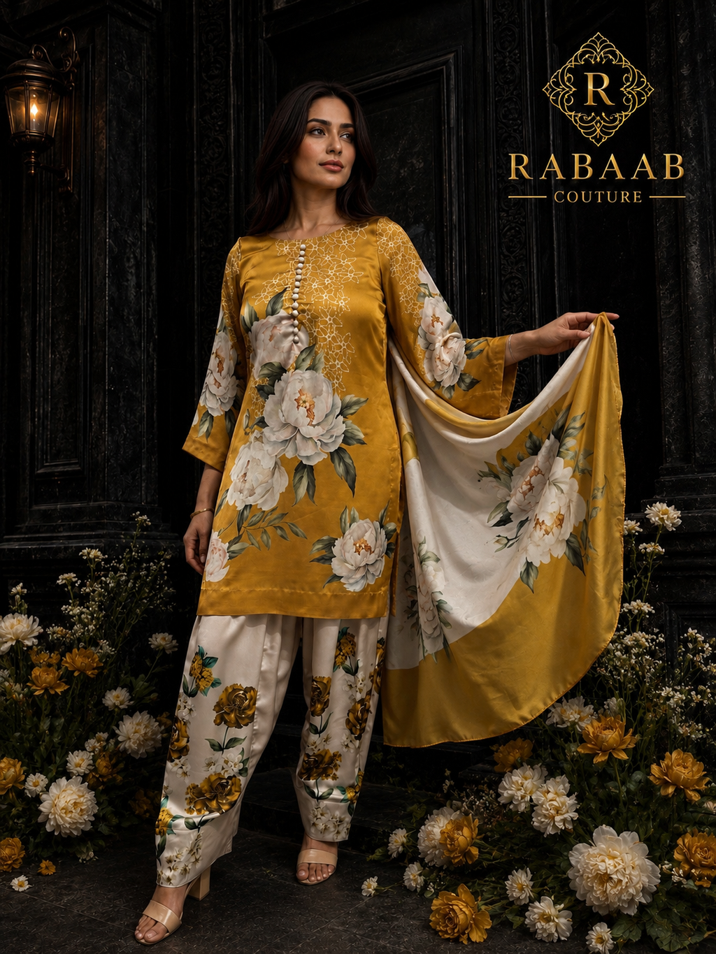 Mustard Bloom 3-Piece Farshi Shalwar Suit