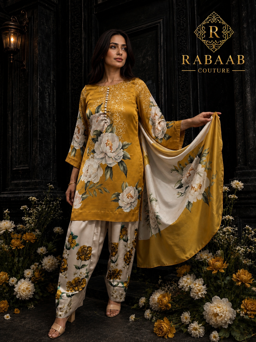 Mustard Bloom 3-Piece Farshi Shalwar Suit