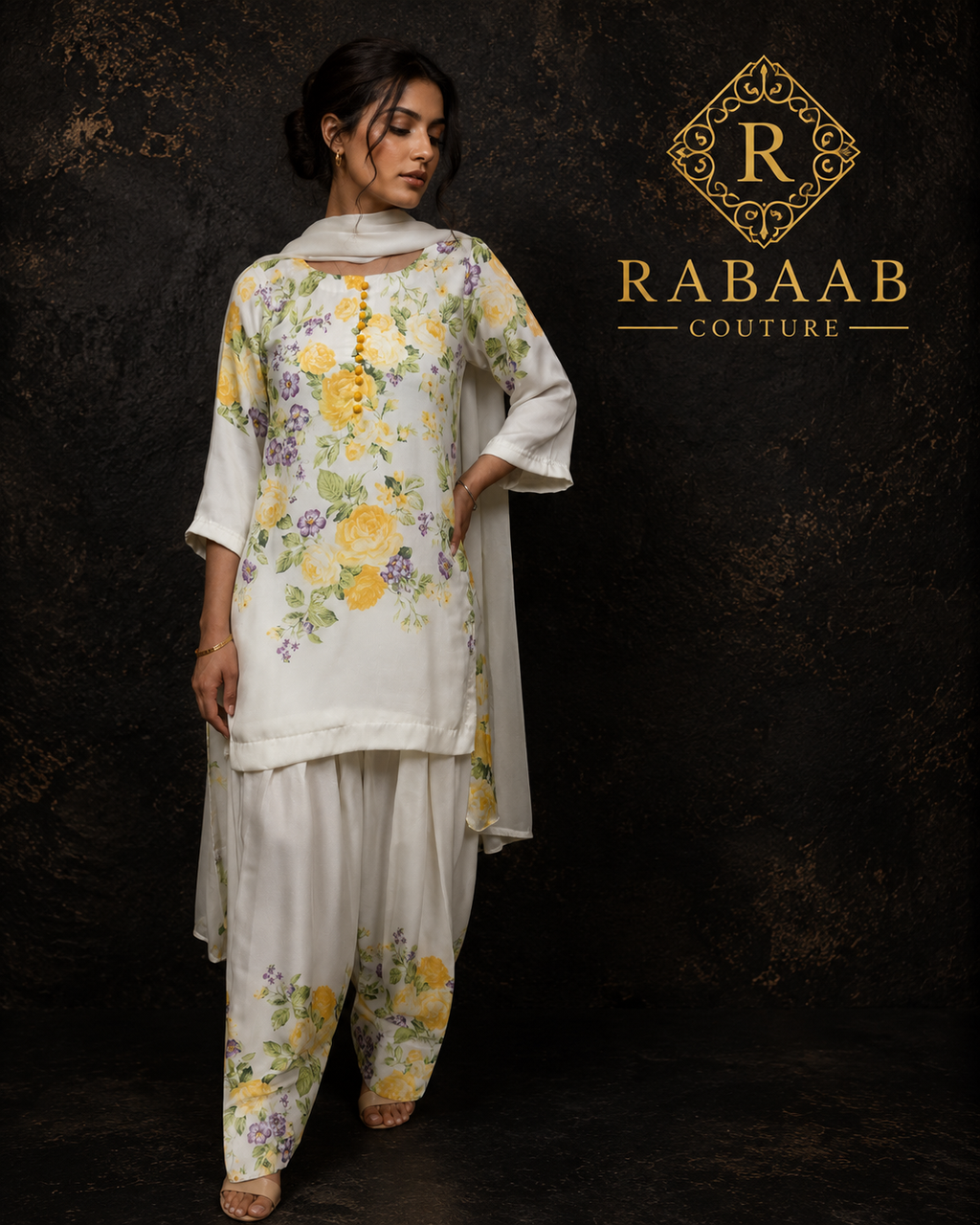 IVORY AND YELLOW FLORAL FARSHI