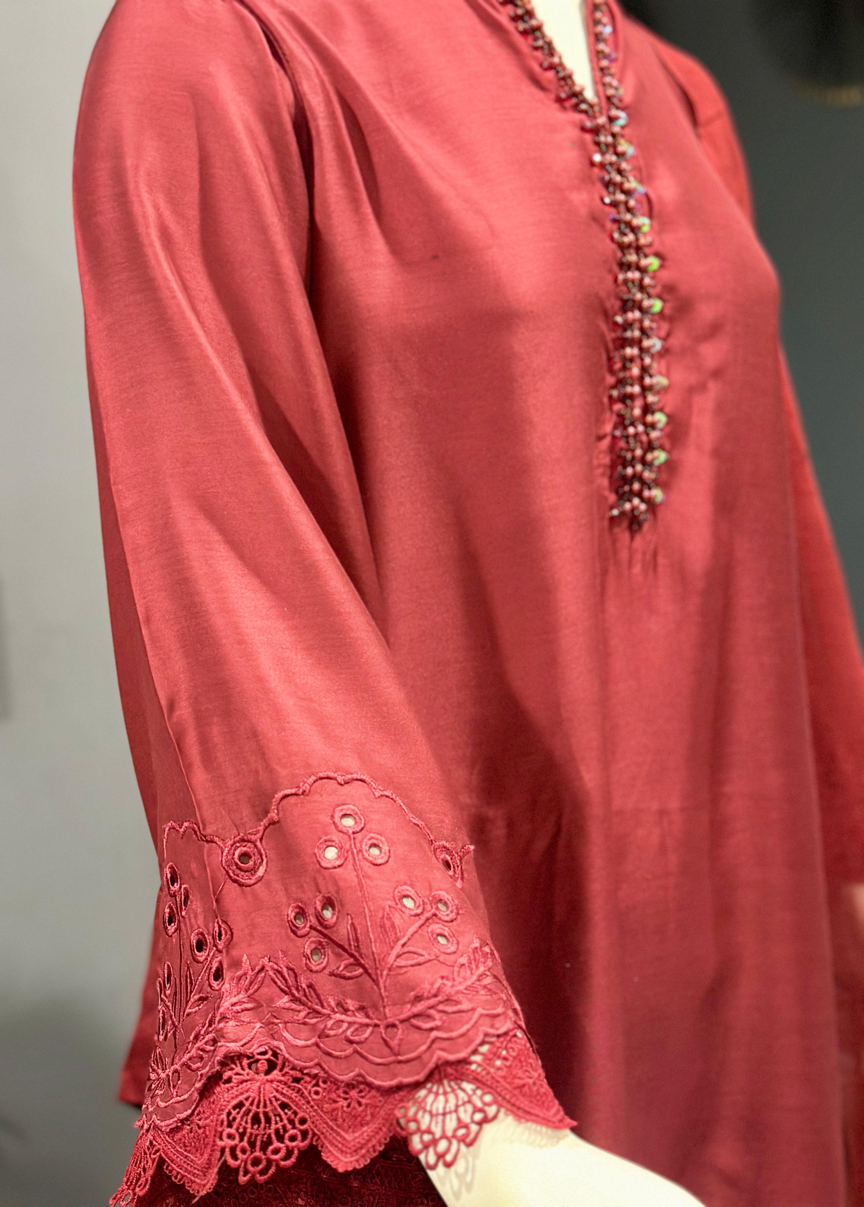 3 Piece Deep Red Suit - Silk, Cotton & Embroidered