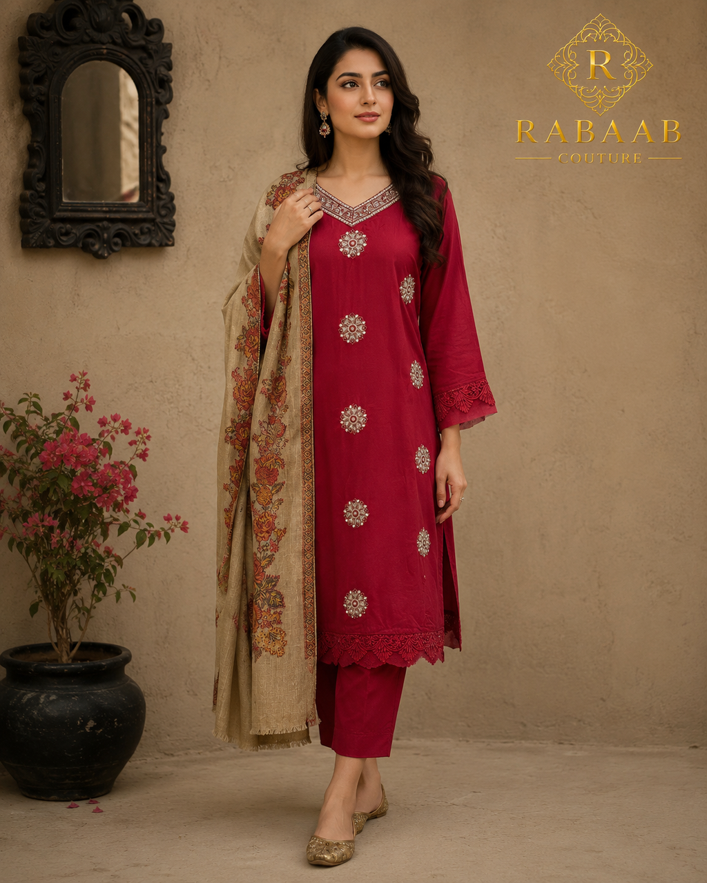 3 PIECE RED SUIT - PASHMINA SHAWL