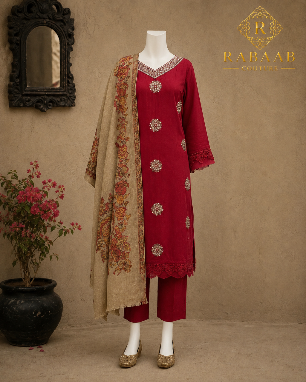 3 PIECE RED SUIT - PASHMINA SHAWL